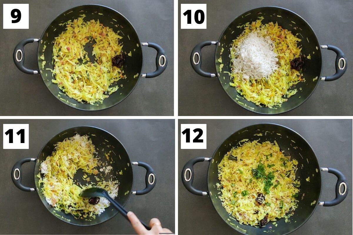 Collage of steps 9 to 12 of cabbage poriyal recipe.