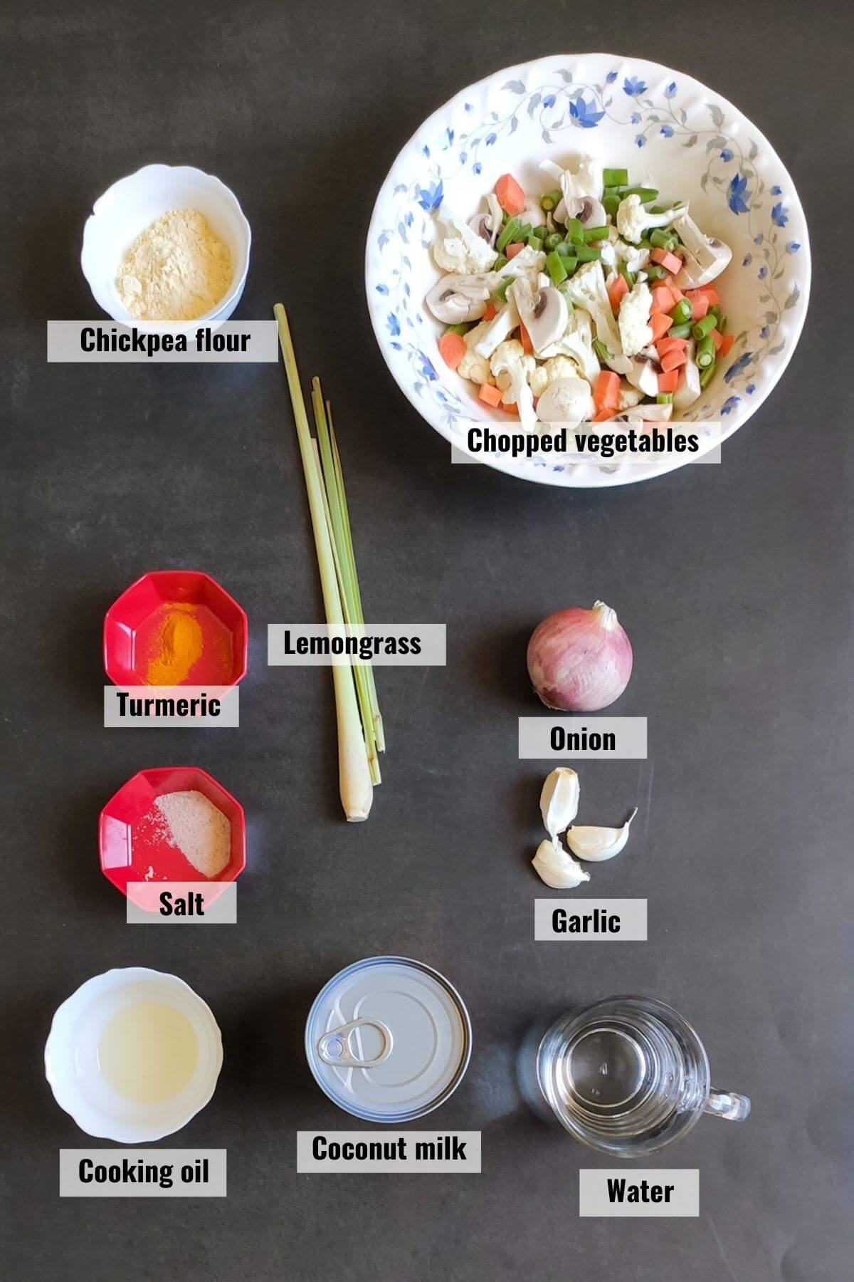 Ingredients for vegan khow suey, labelled.