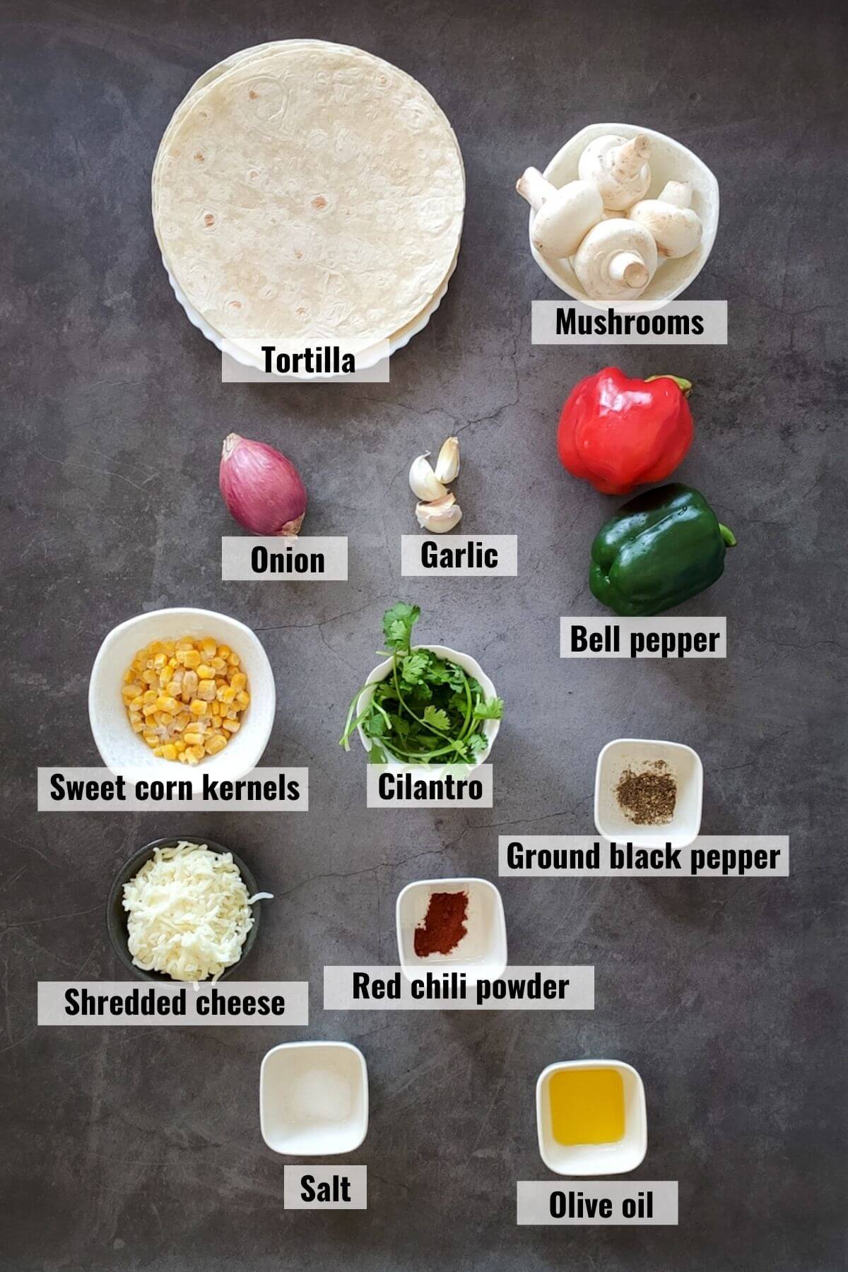 Ingredients for veggie quesadillas labelled.