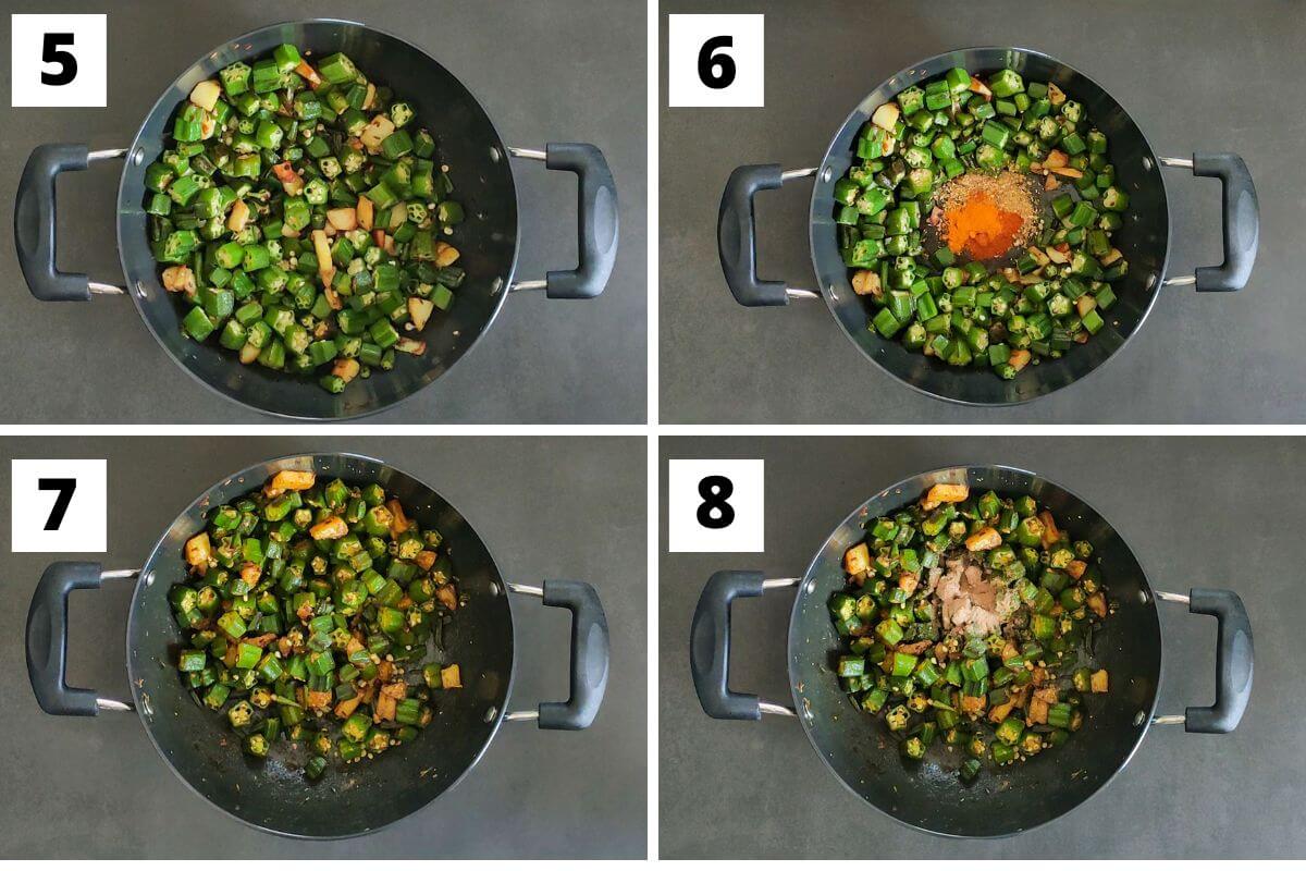 Collage of steps 5 to 8 of aloo bhindi recipe.