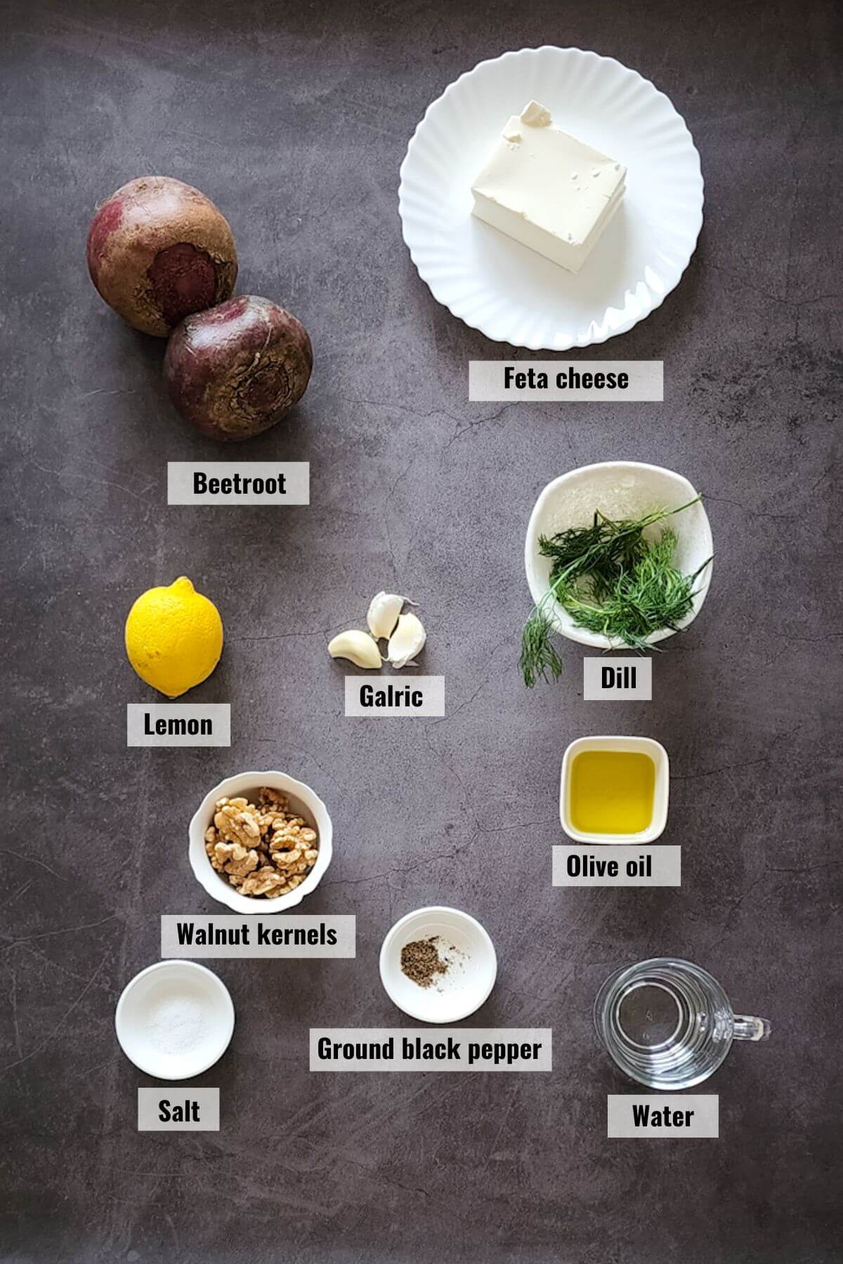 Ingredients required for Mediterranean beetroot feta salad labelled.