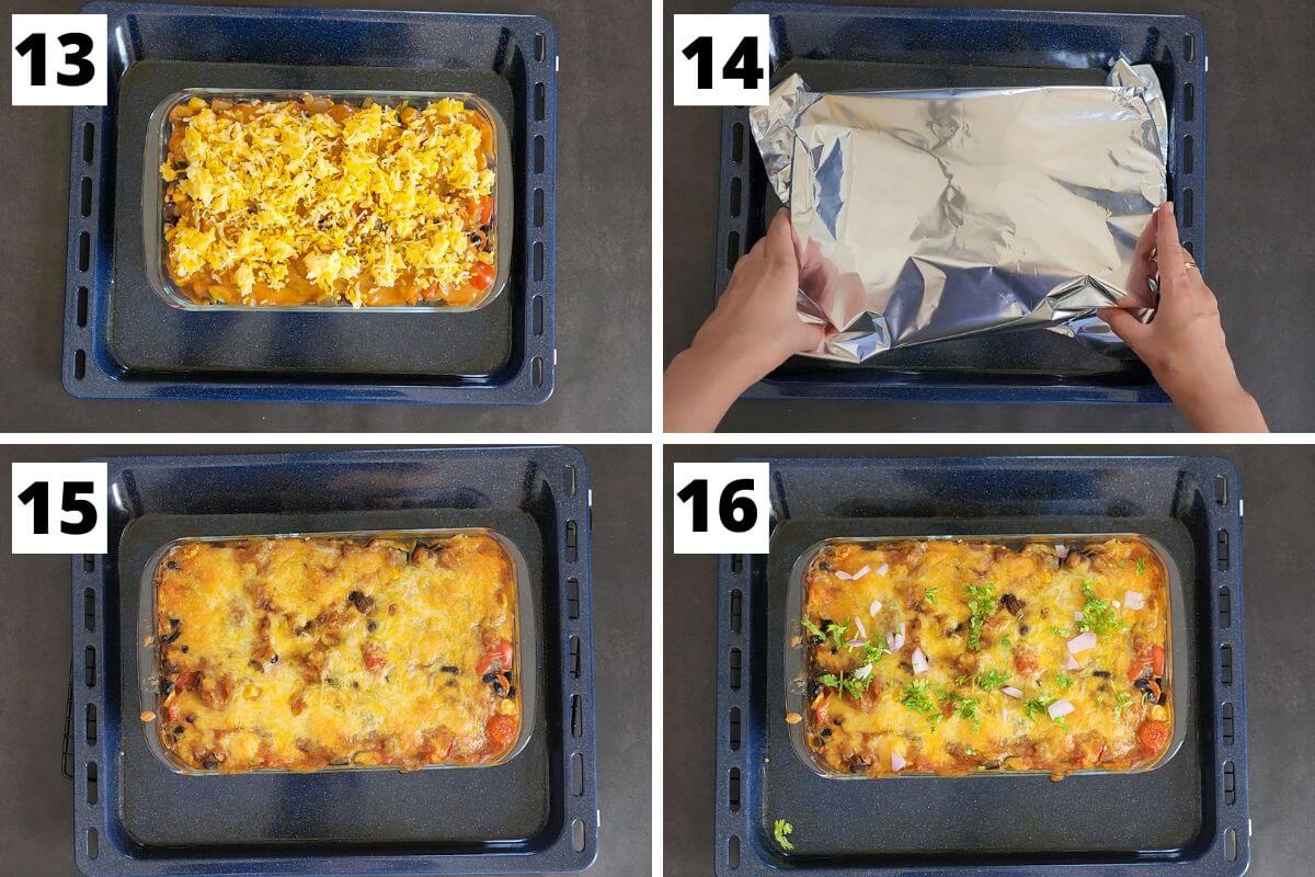 collage of images of steps 13 to 16 of vegetable enchilada casserole recipe.