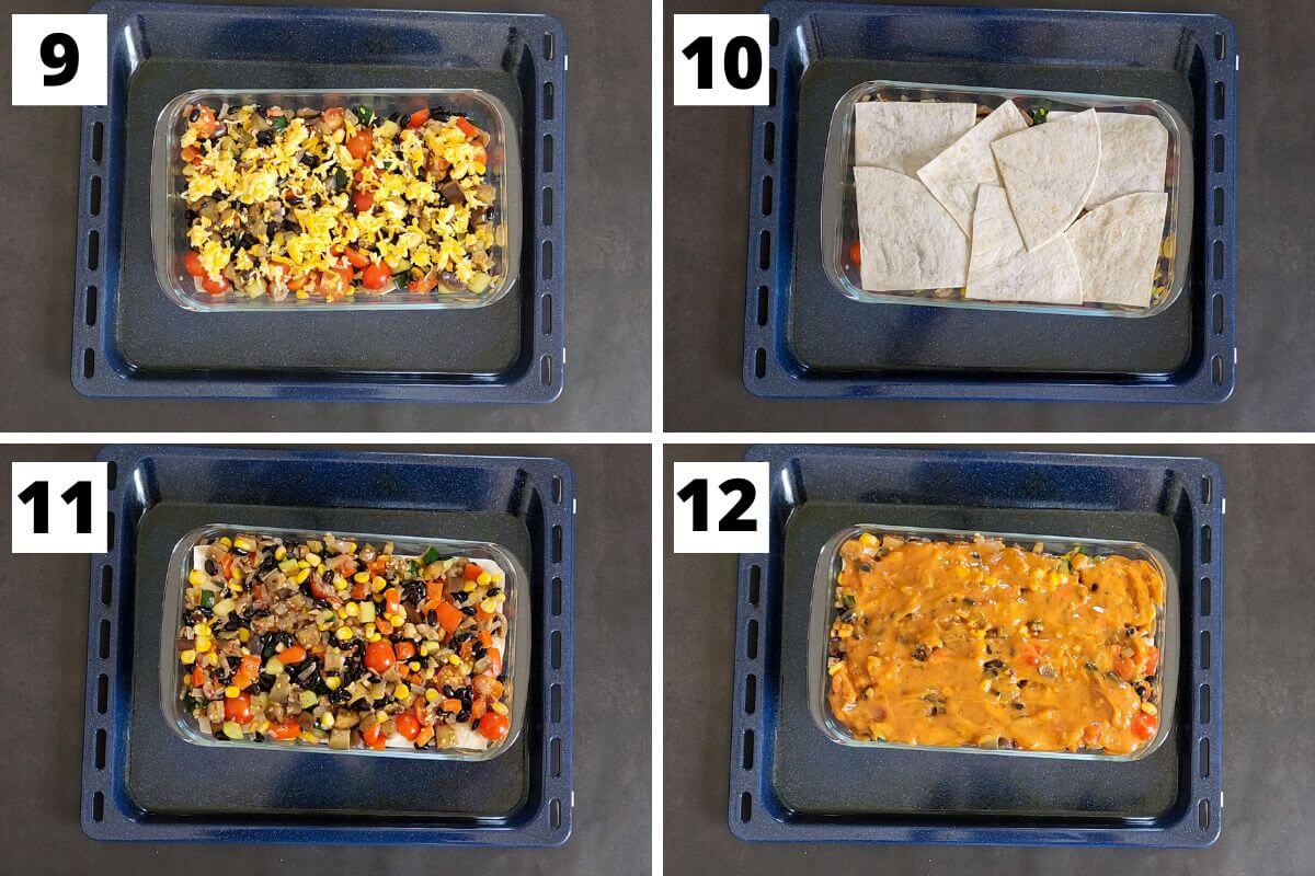 collage of images of steps 9 to 12 of vegetable enchilada casserole recipe.