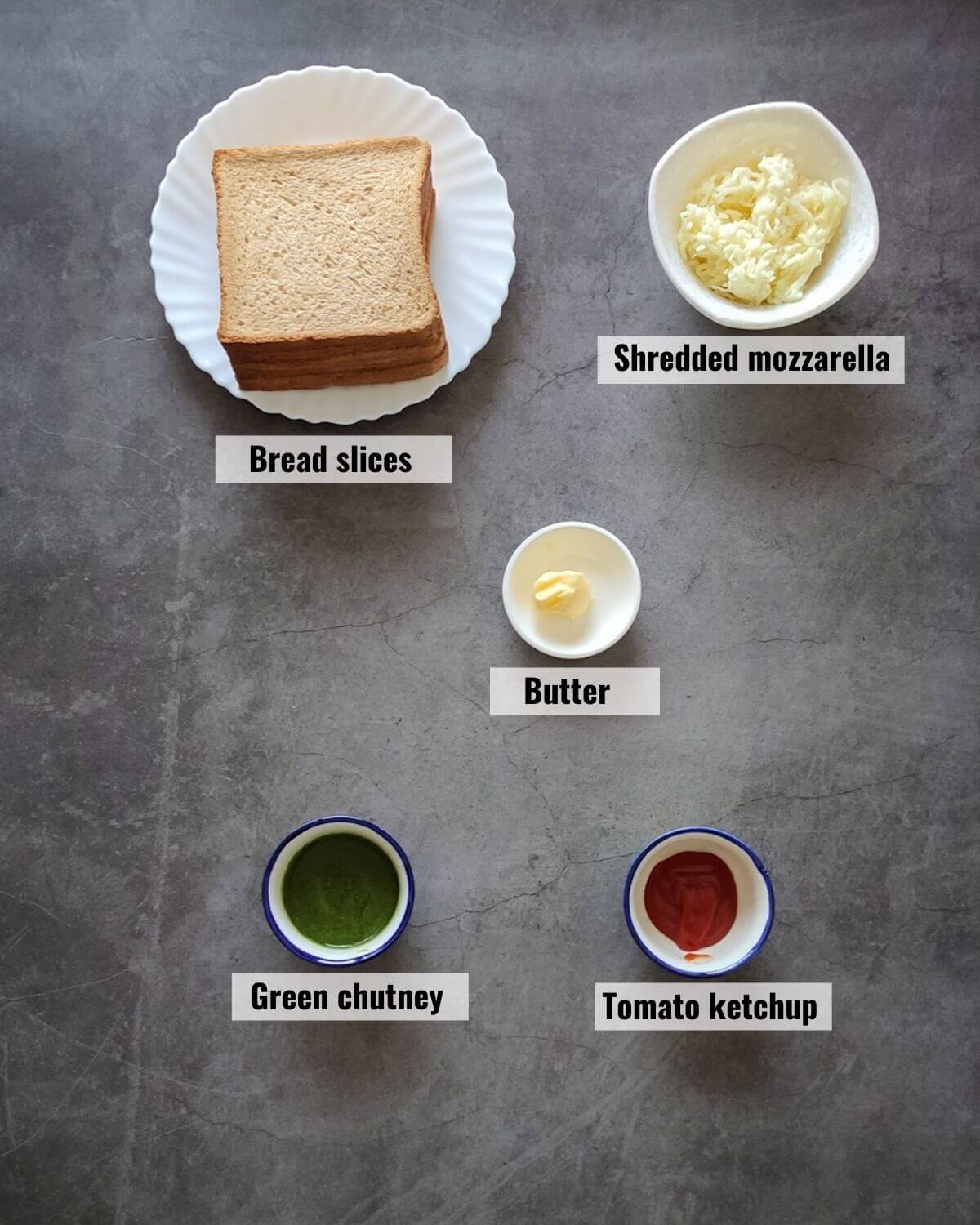 Ingredients needed for mashed potato sandwich, labelled.