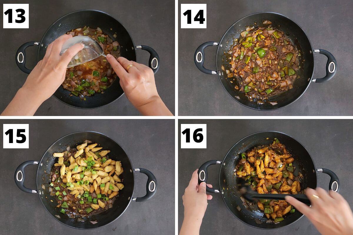Collage of images of steps 13 to 16 of chili baby corn recipe