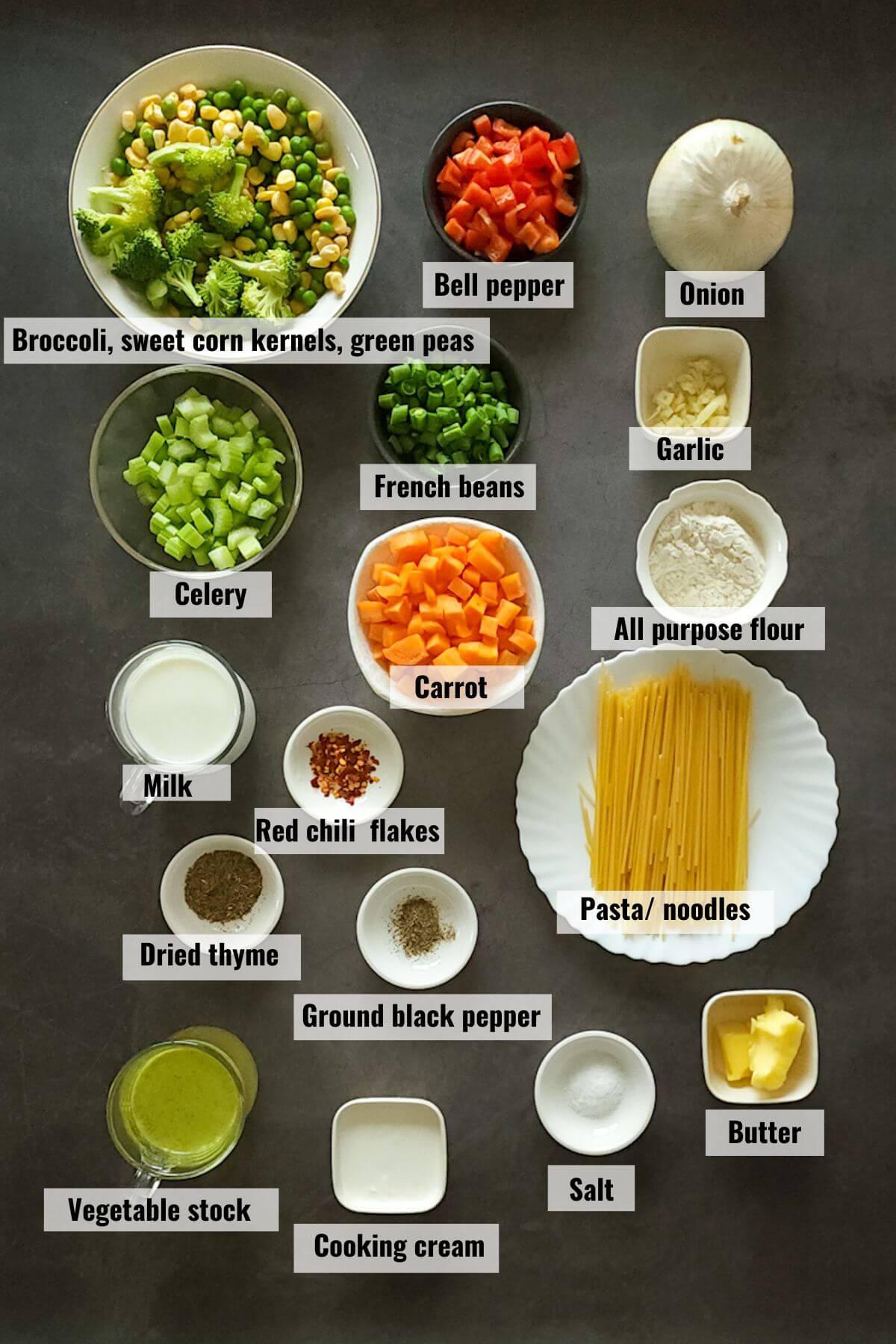 Ingredients required to make creamy vegetable noodle soup, labelled.