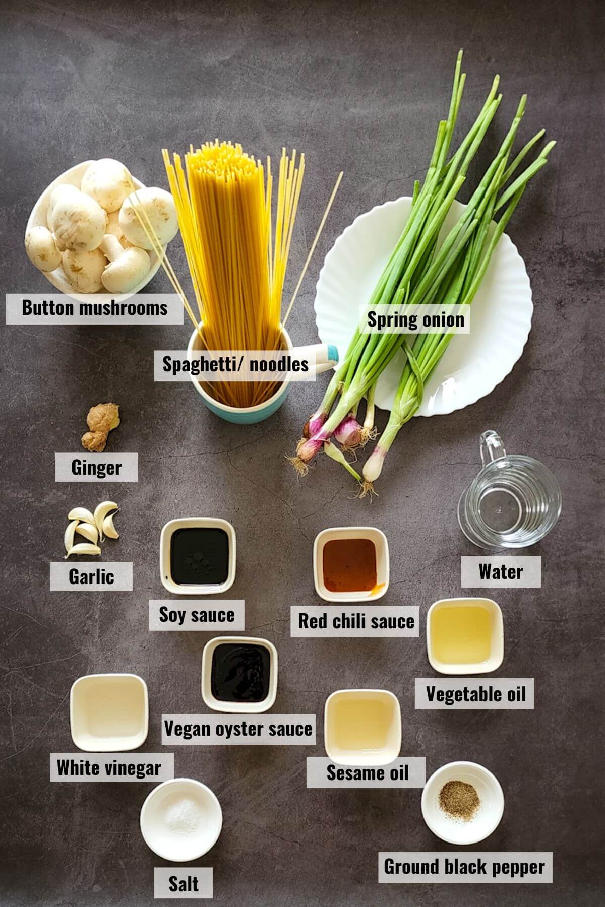 Ingredients for Asian mushroom noodles, labelled.
