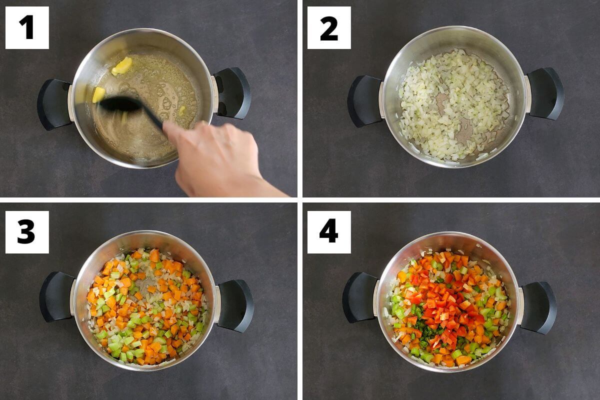 Collage of images of steps 1 to 4 of creamy vegetable noodle soup recipe.