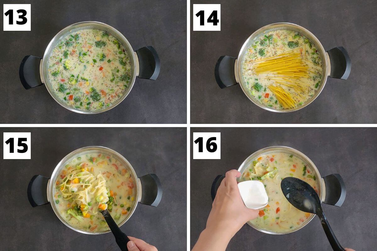 Collage of images of steps 13 to 16 of creamy vegetable noodle soup recipe.