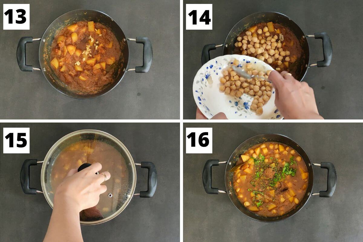 Collage of images of steps 13 to 16 of chickpea potato curry.