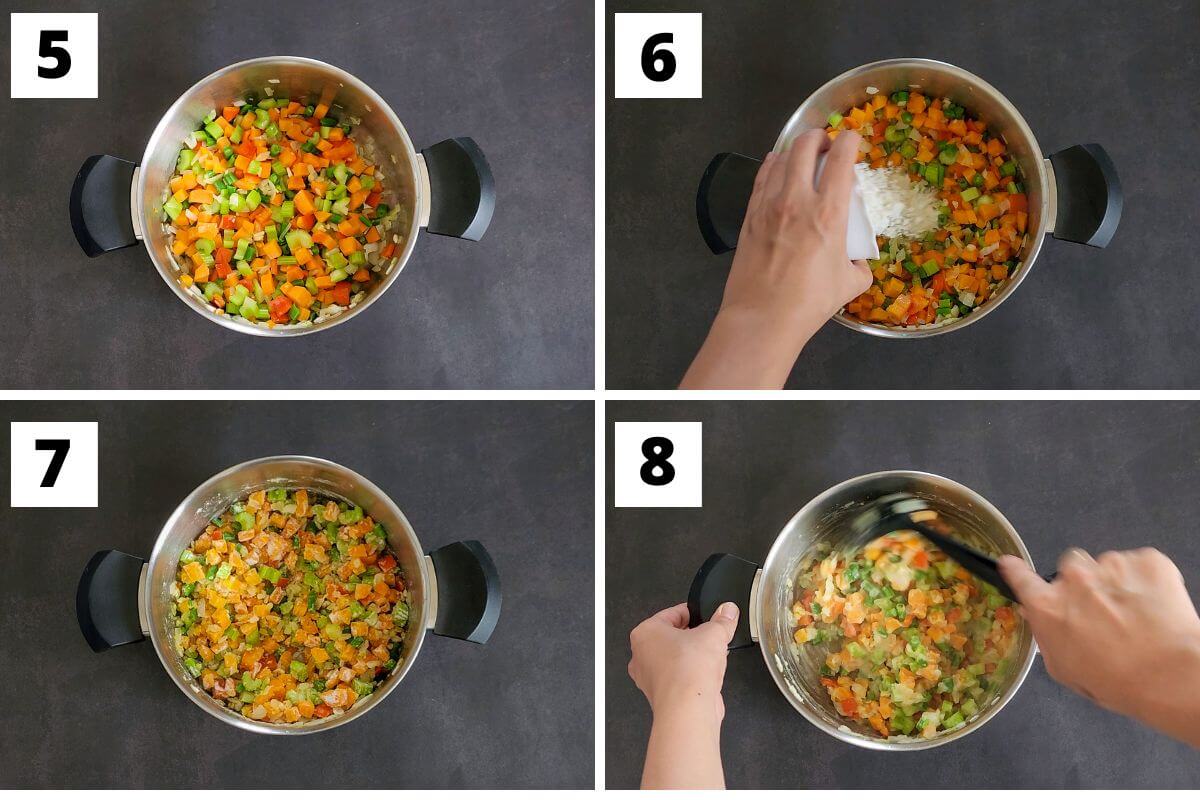Collage of images of steps 5 to 8 of creamy vegetable noodle soup recipe.