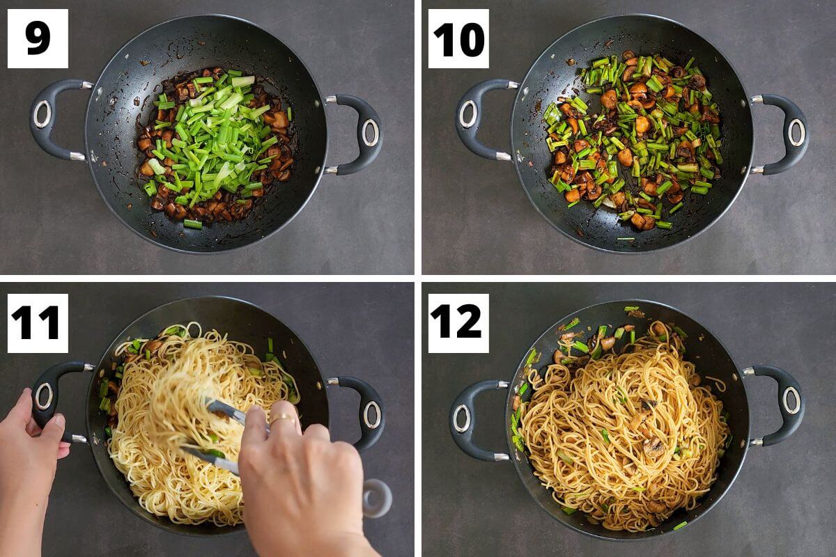 Collage of images of steps 9 to 12 of mushroom noodles recipe
