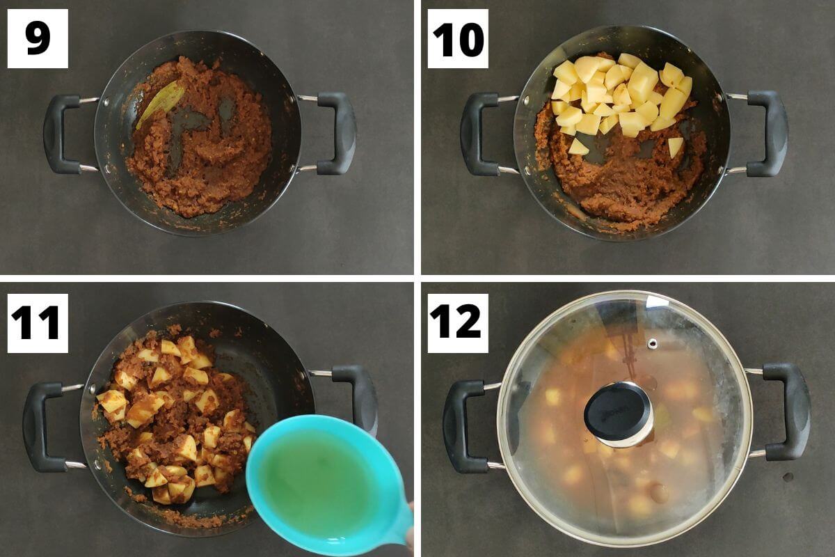 Collage of images of steps 9 to 12 of chickpea potato curry.