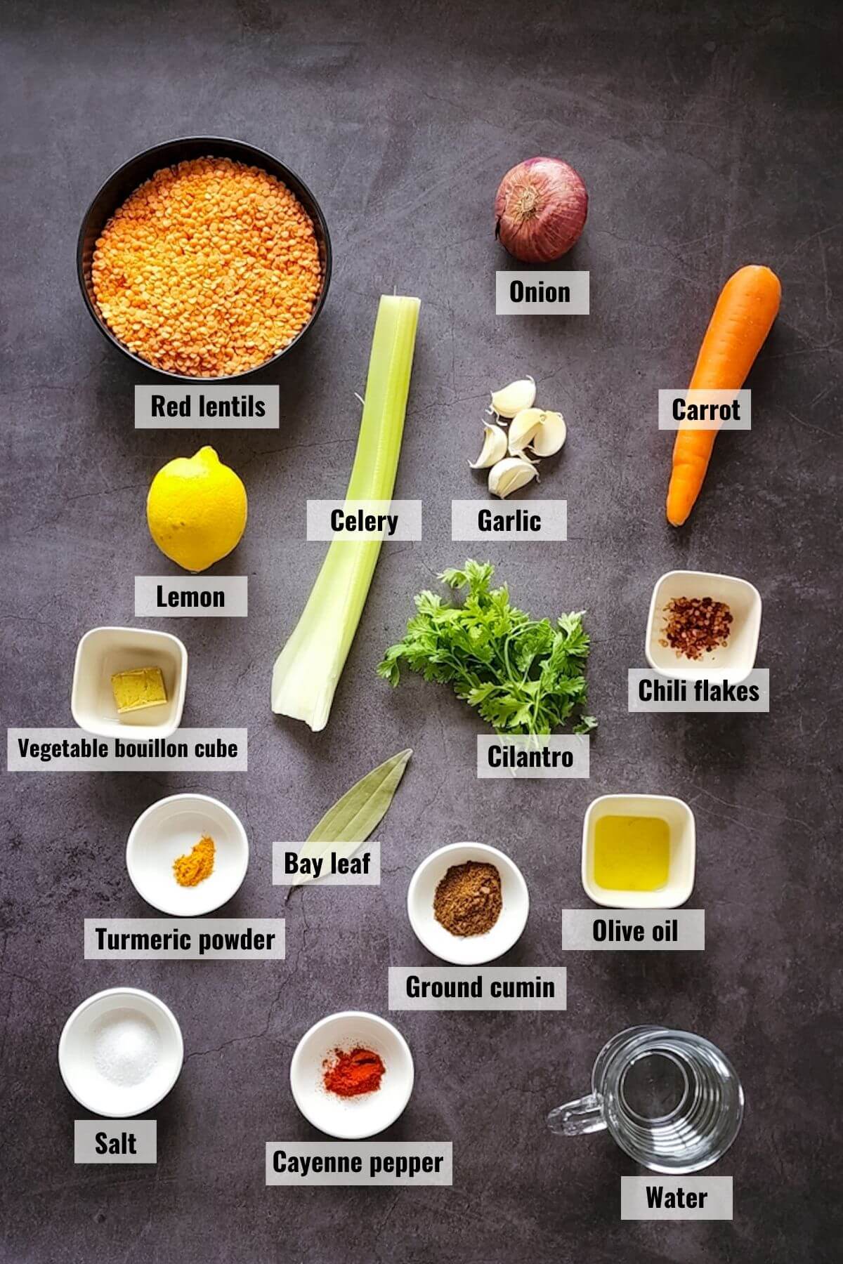 Ingredients for Middle Eastern red lentil soup, labelled.