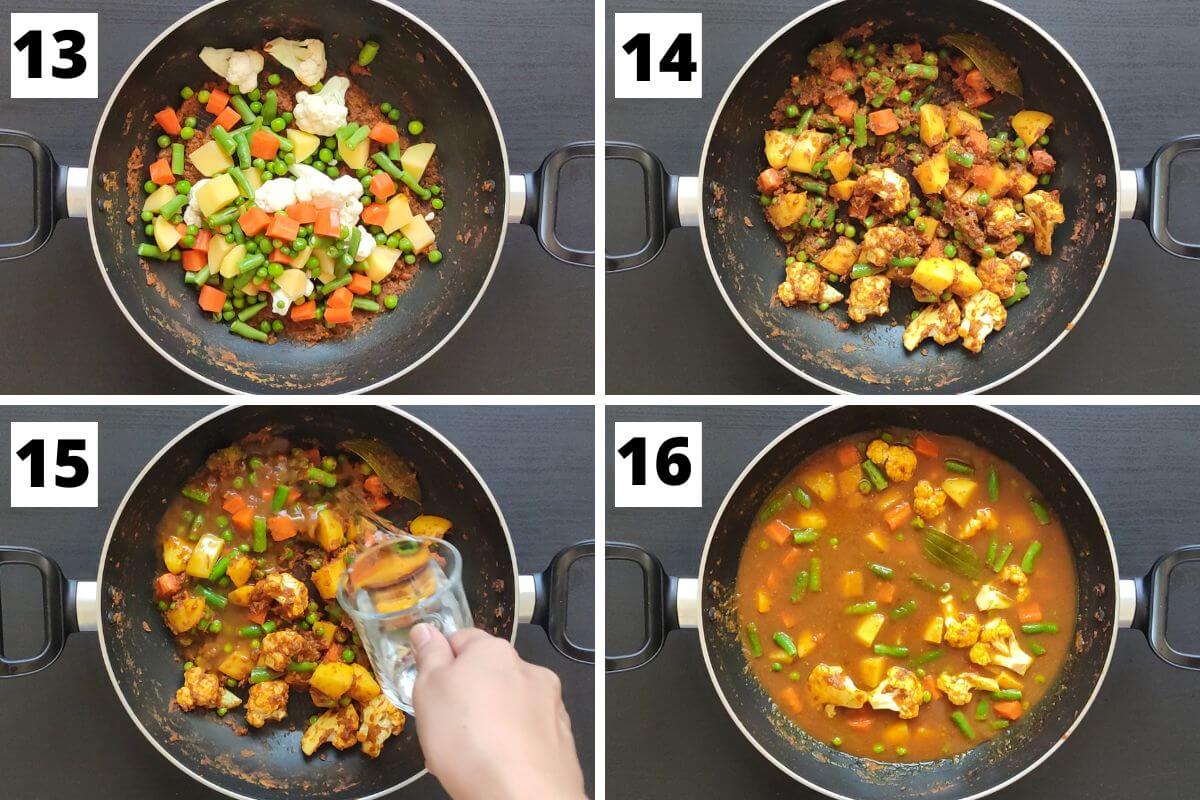 Collage of images of steps 13 to 16 of vegetable curry recipe.