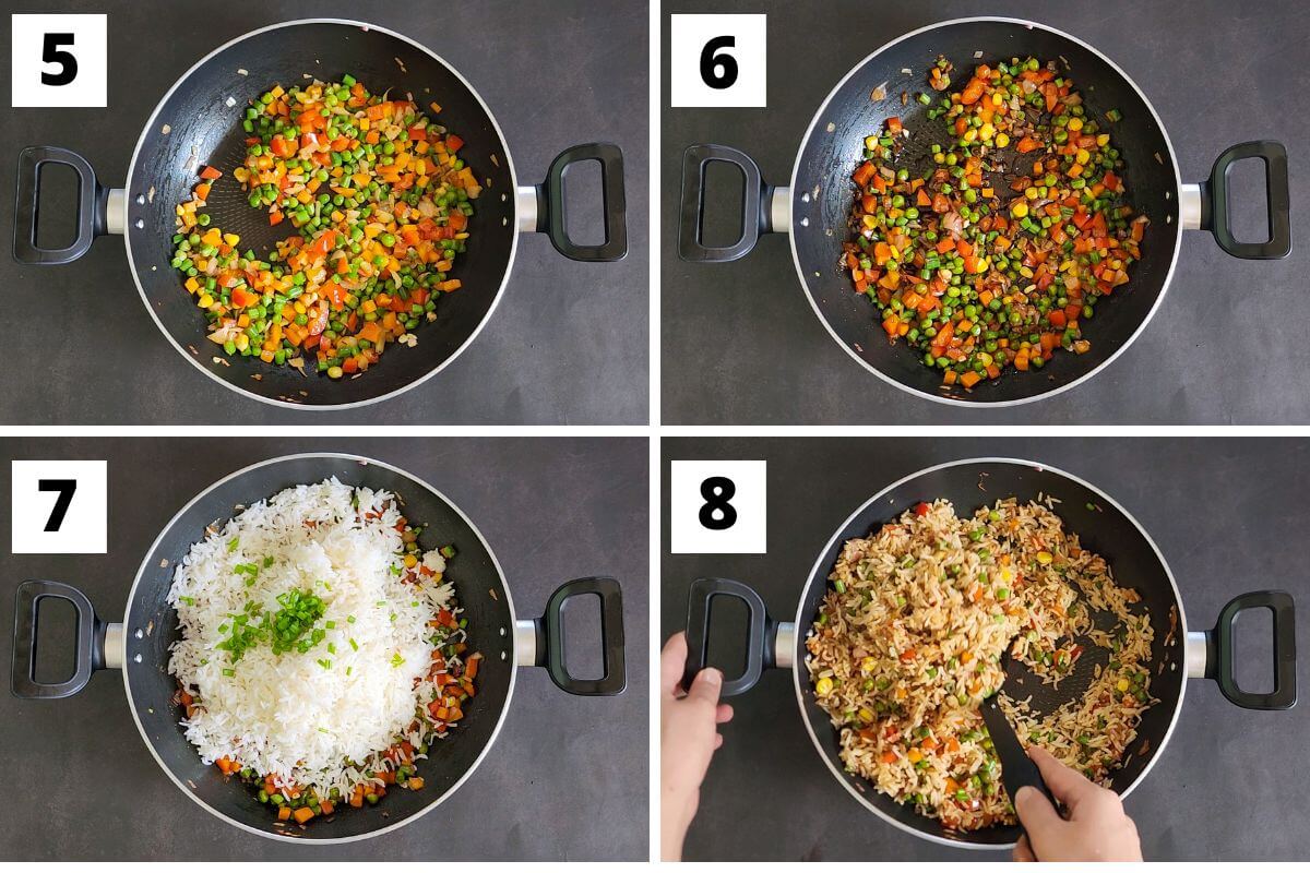 Collage of images of steps 5 to 8 of paneer fried rice recipe.