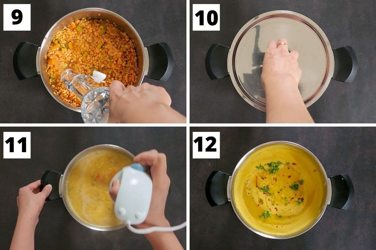 collage of images of steps 9 to 12 of red lentil soup recipe.