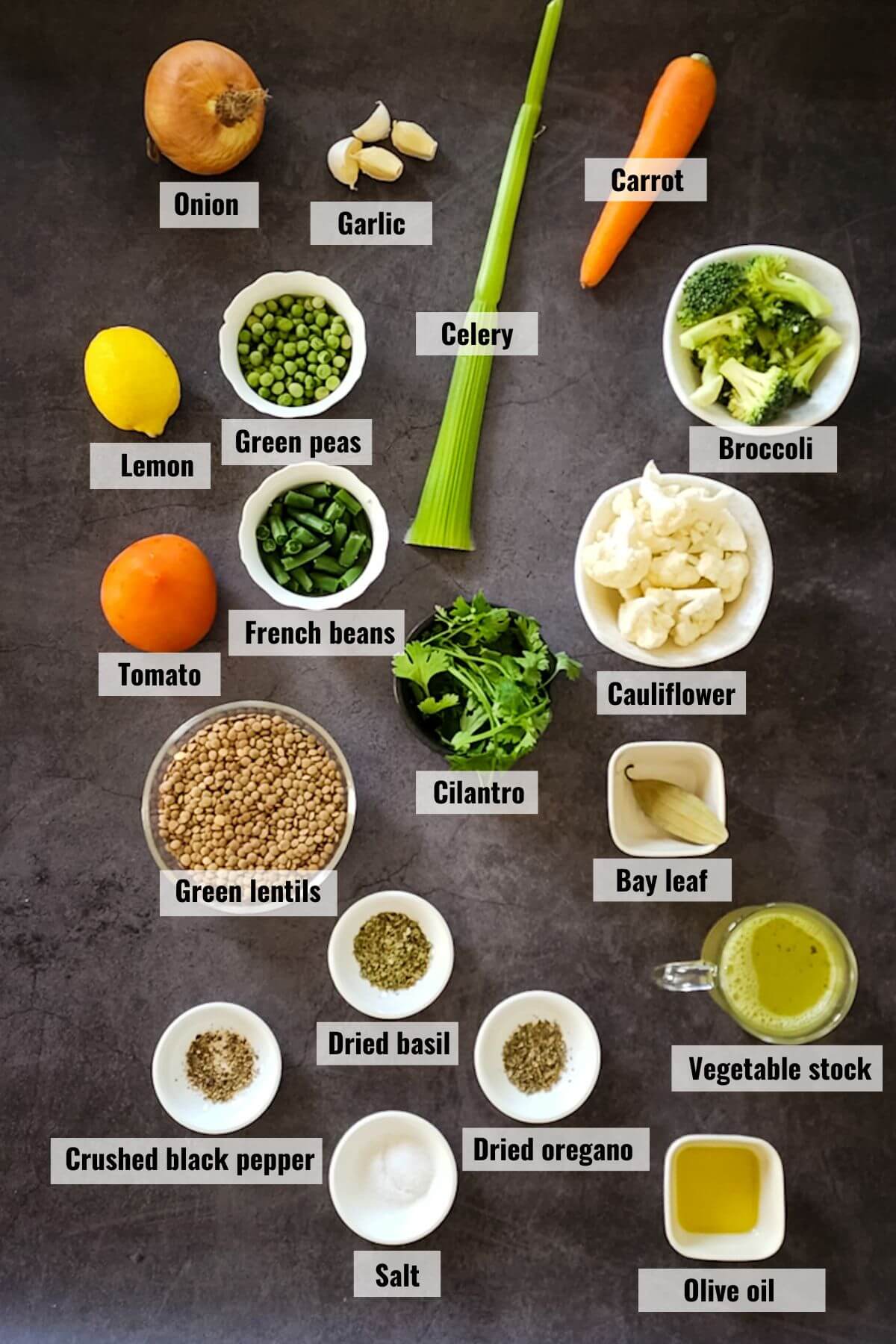 Ingredients for veggie lentil soup labelled.