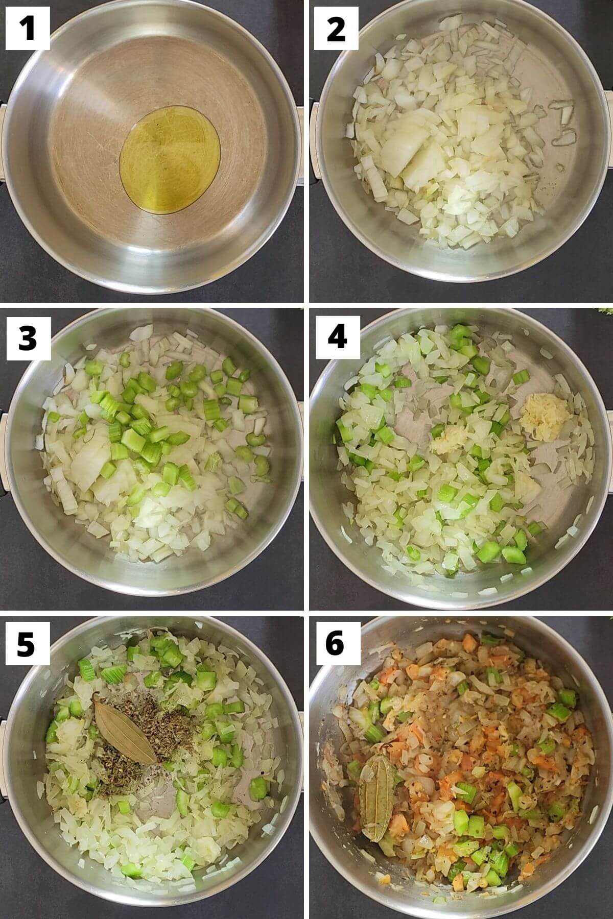 collage of steps 1 to 6 of vegetable lentil soup recipe.