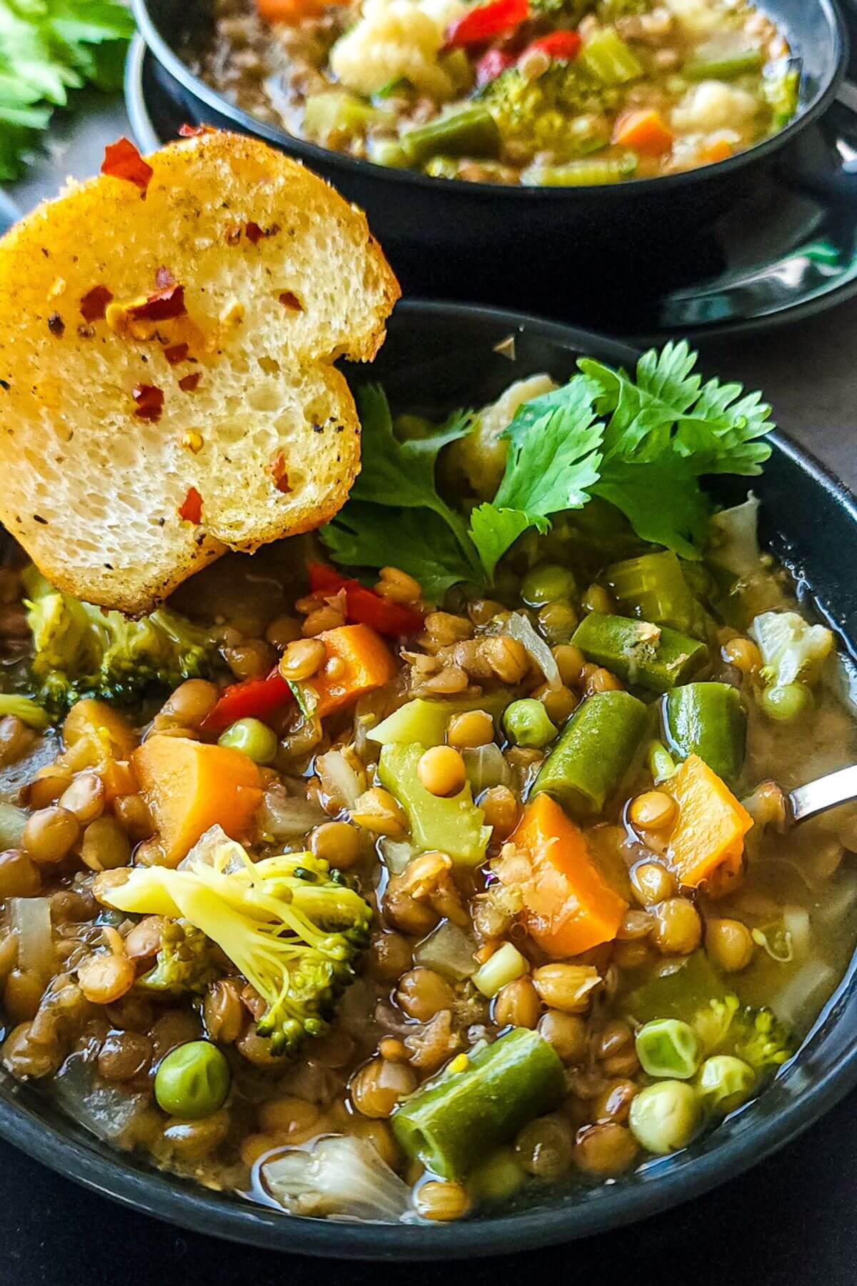 A bowl of vegetable lentil soup with a toasted bread slice