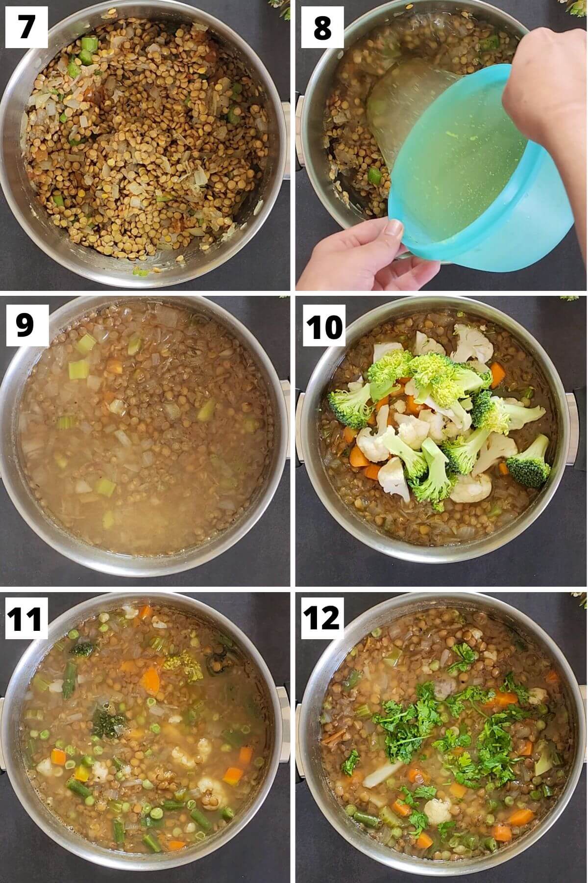 collage of steps 7 to 12 of vegetable lentil soup recipe.