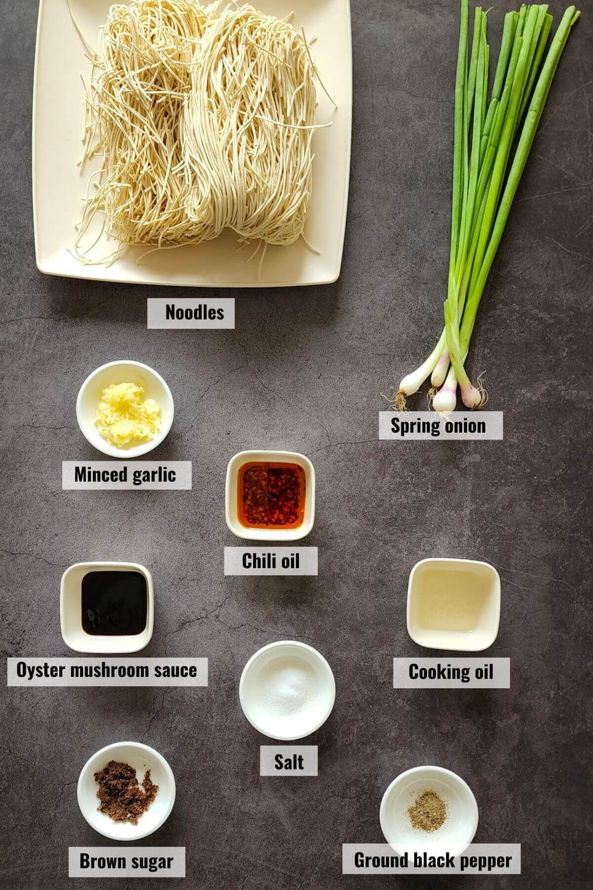 Ingredients for garlic chili oil noodles, labelled.