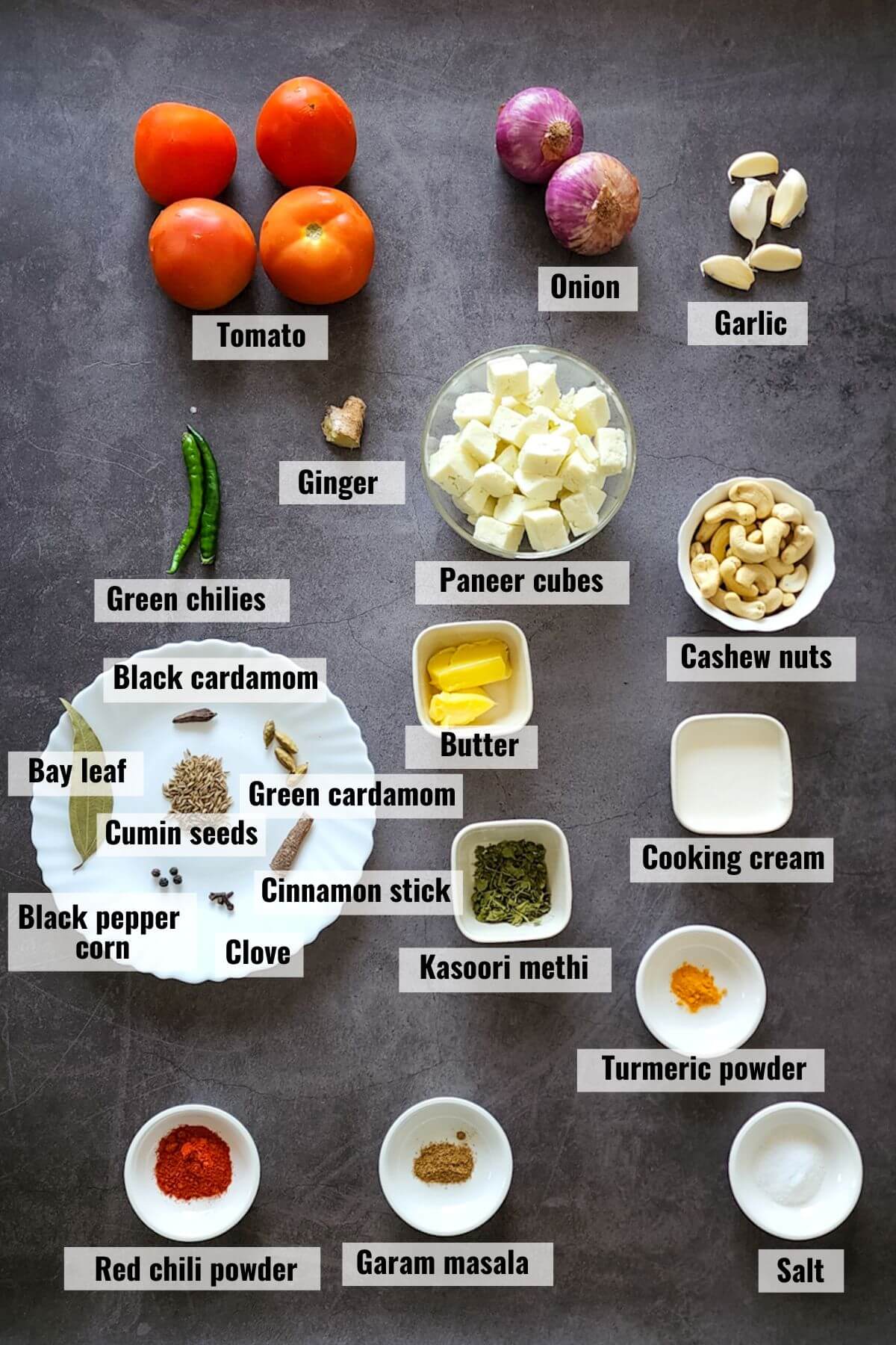 Ingredients for shahi paneer, labelled.