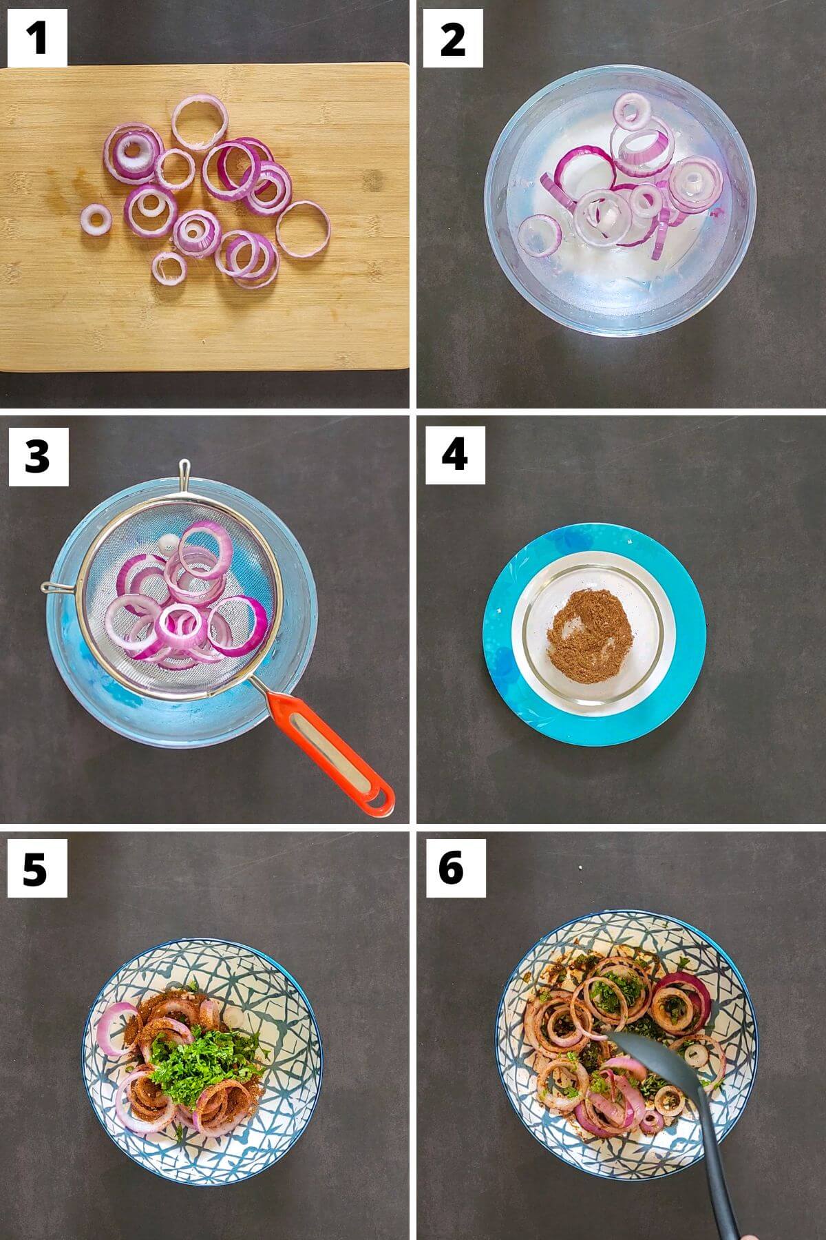 Collage of steps 1 to 6 of onion salad recipe.