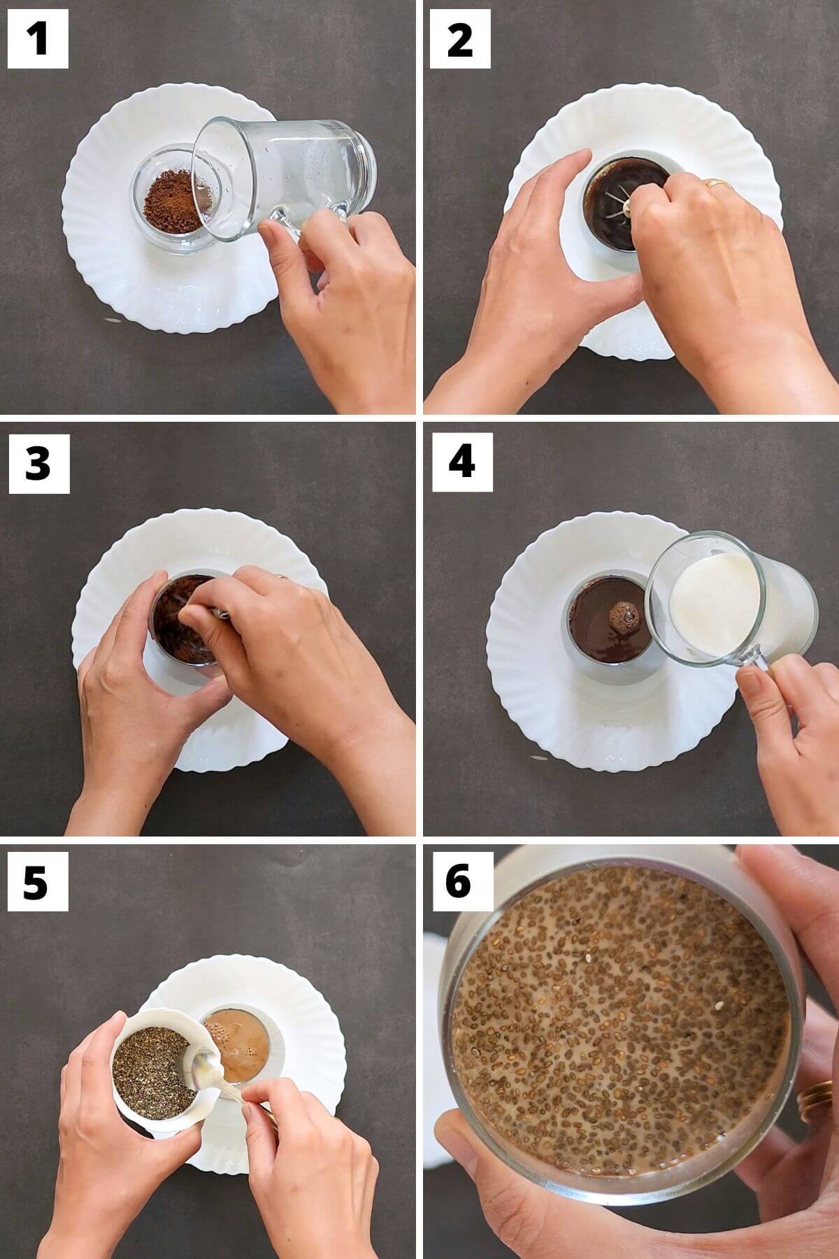 Collage of steps to make chia pudding with coffee.
