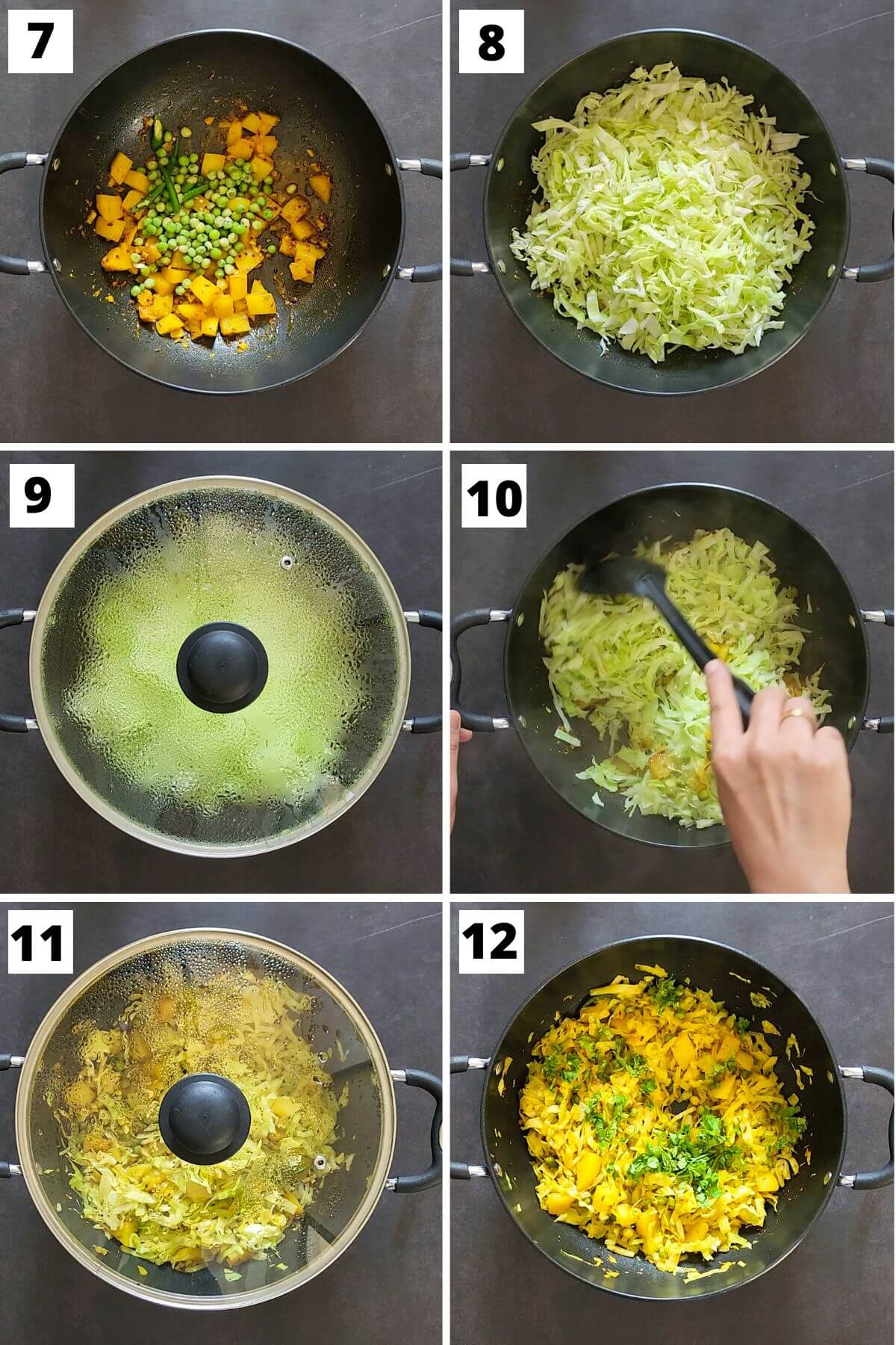 Collage of steps 7 to 12 of cabbage with potatoes.