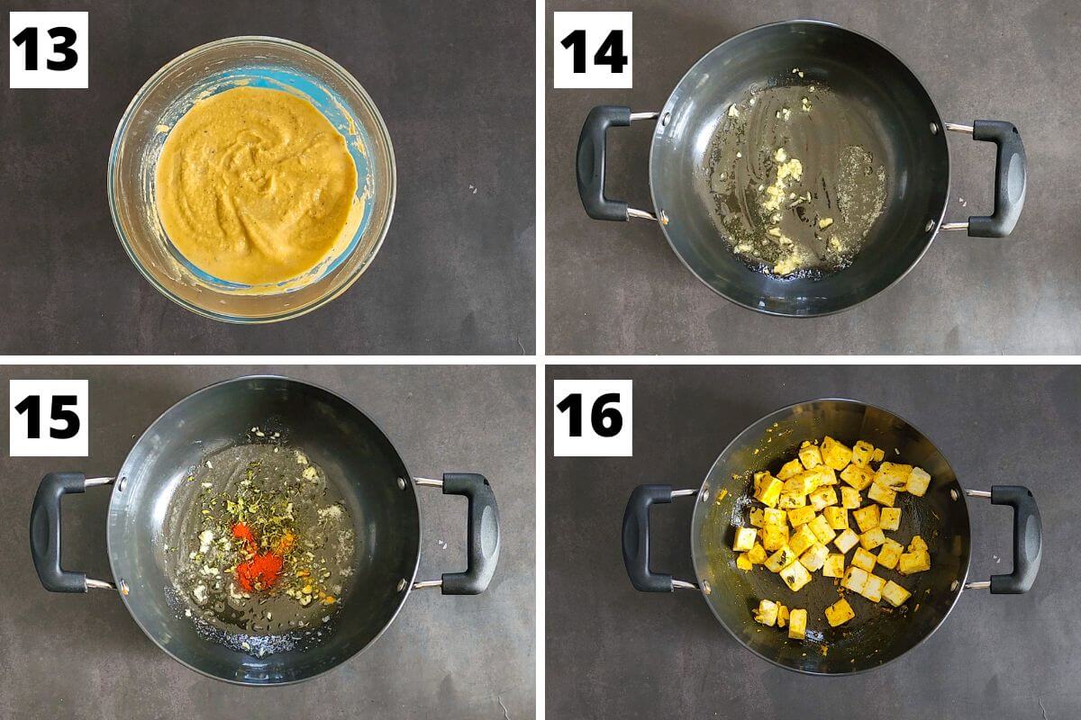 Collage of steps 13 to 16 of shahi paneer recipe.