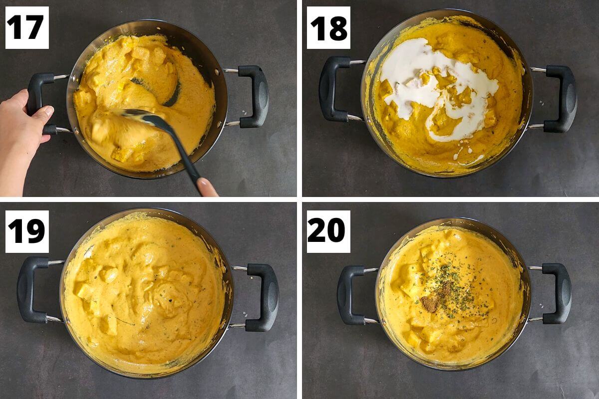 Collage of steps 17 to 20 of shahi paneer recipe.
