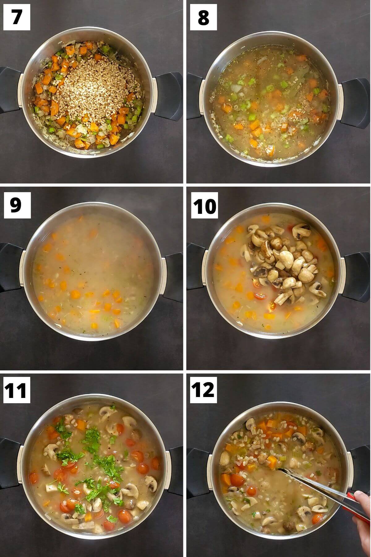 Collage of steps 7 to 12 of mushroom and barley soup.