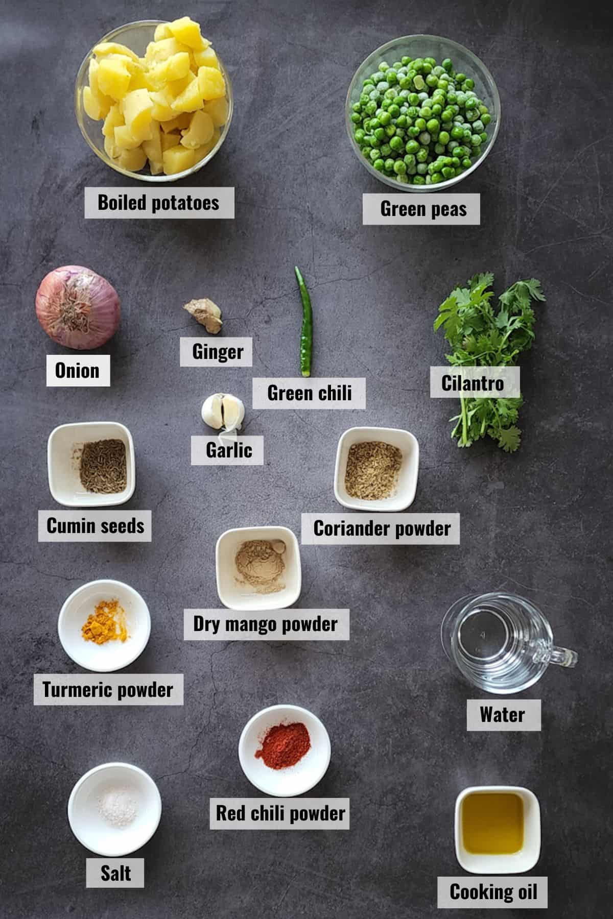 Ingredients required for aloo matar dry recipe, labeled.