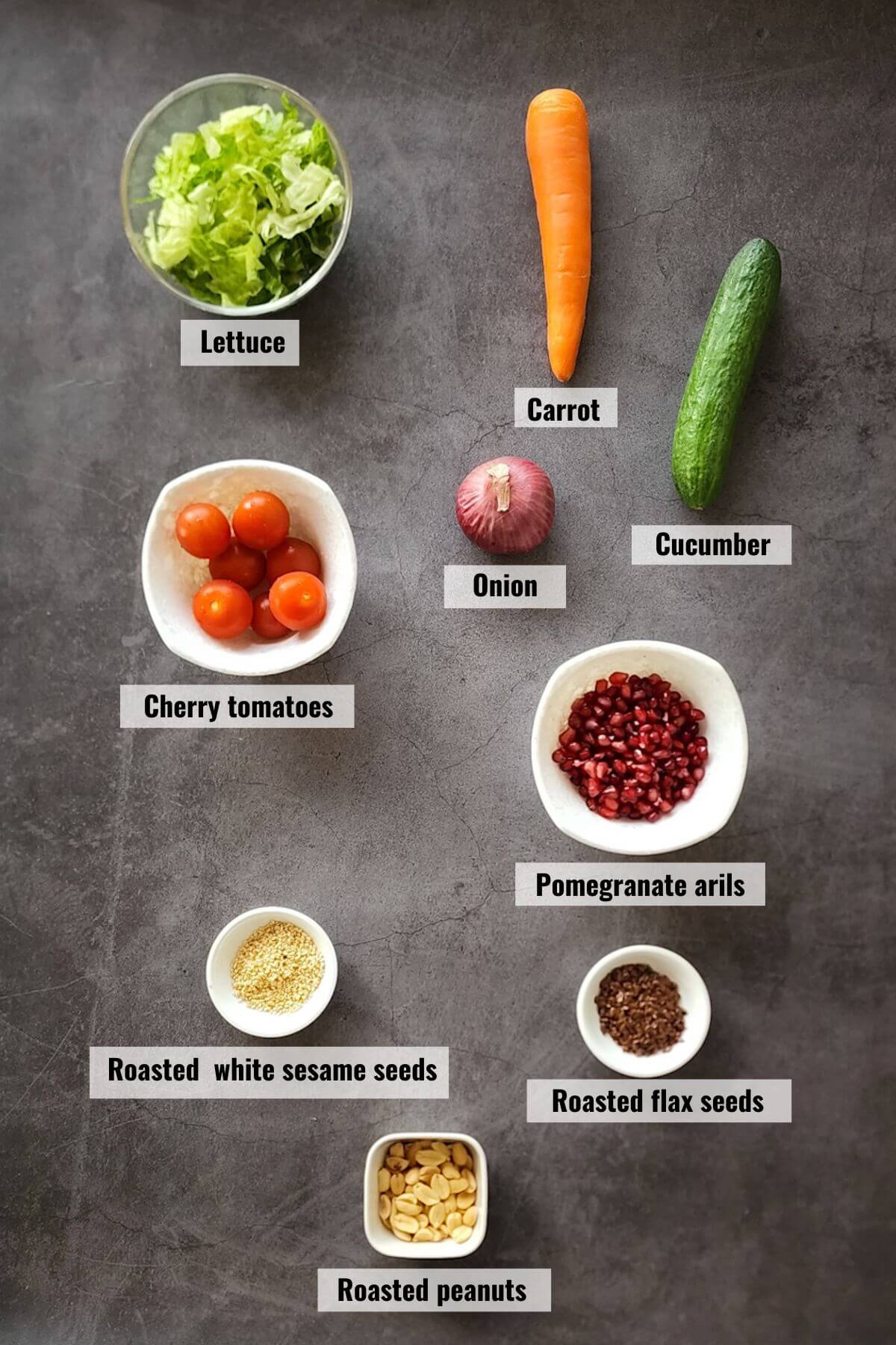Ingredients for paneer salad recipe, labelled.