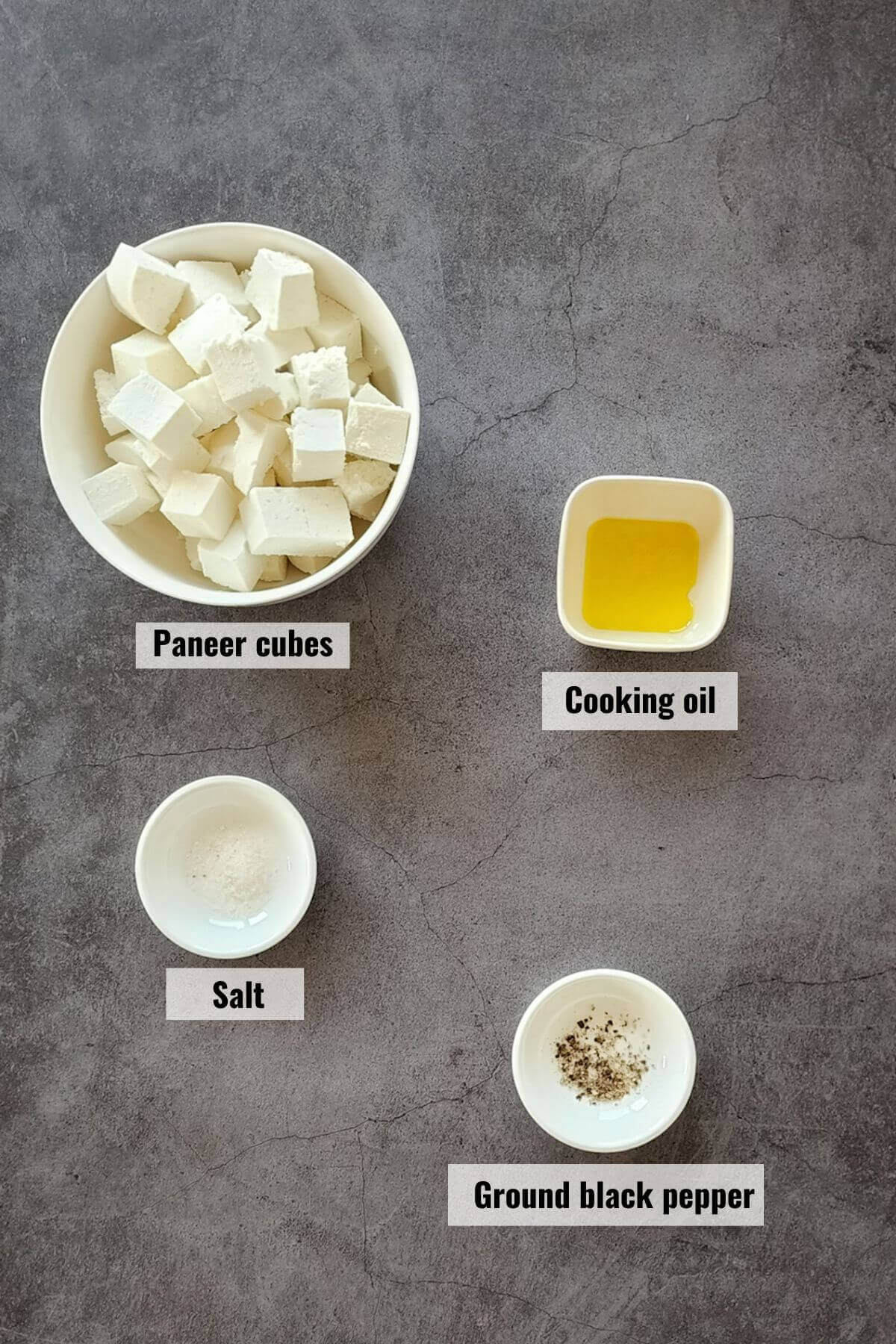 Ingredients for sautéing paneer, labelled.