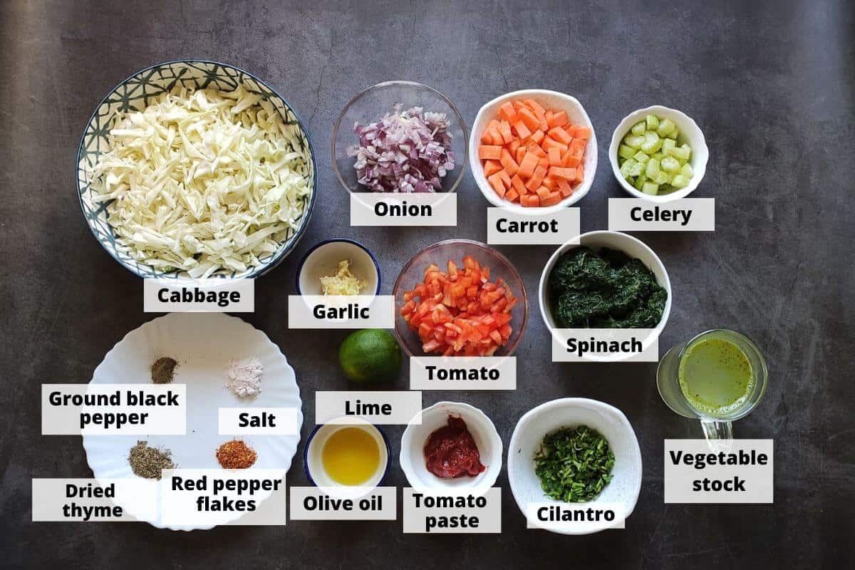Ingredients for vegan cabbage soup, labeled.