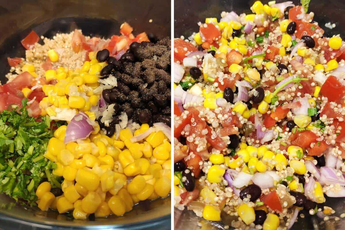 Collage of two images of Mexican salad with quinoa and corn.