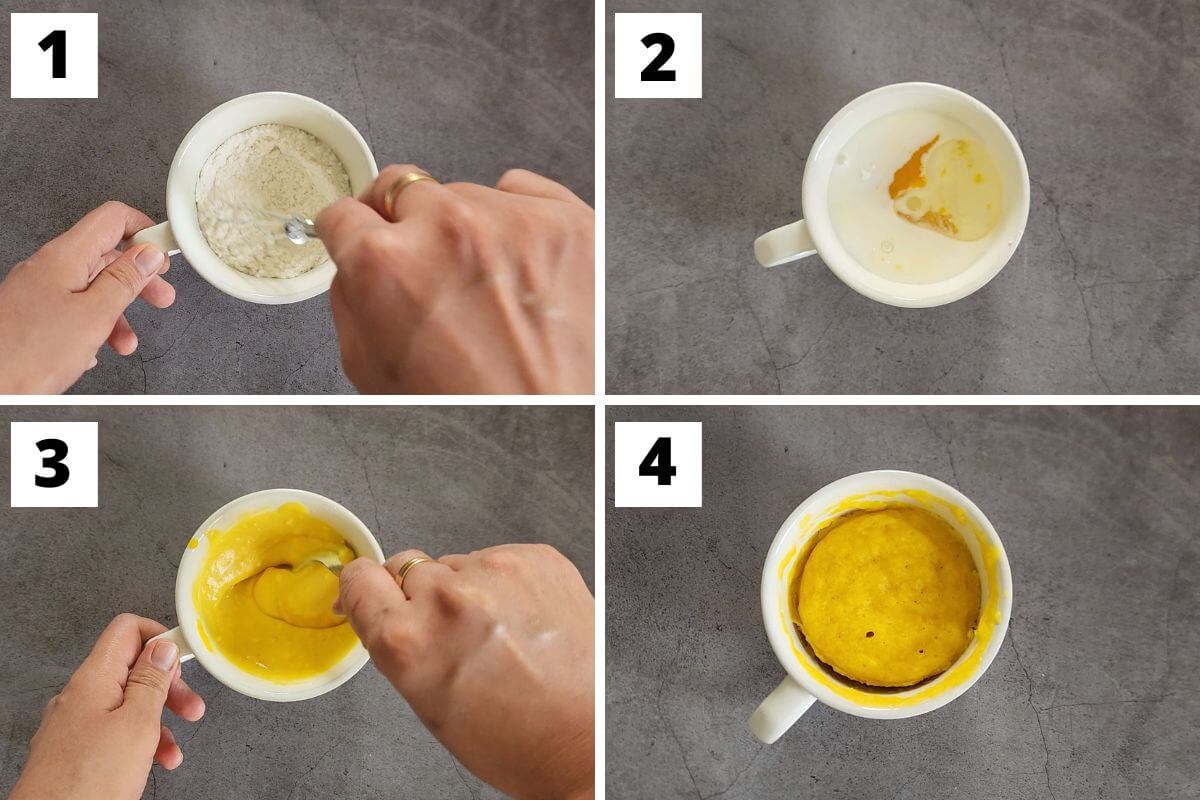 Collage of images 1 to 4 of mango mug cake recipe.