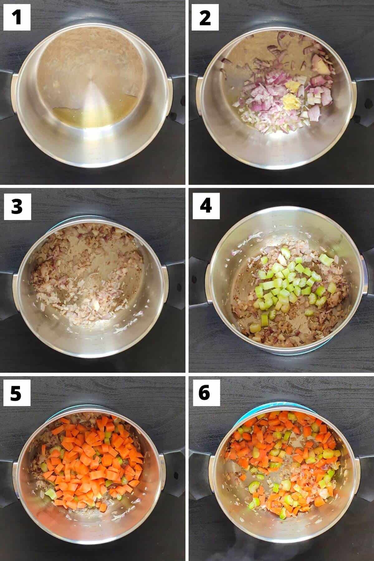 Collage of images of steps 1 to 6 of vegan cabbage soup recipe.