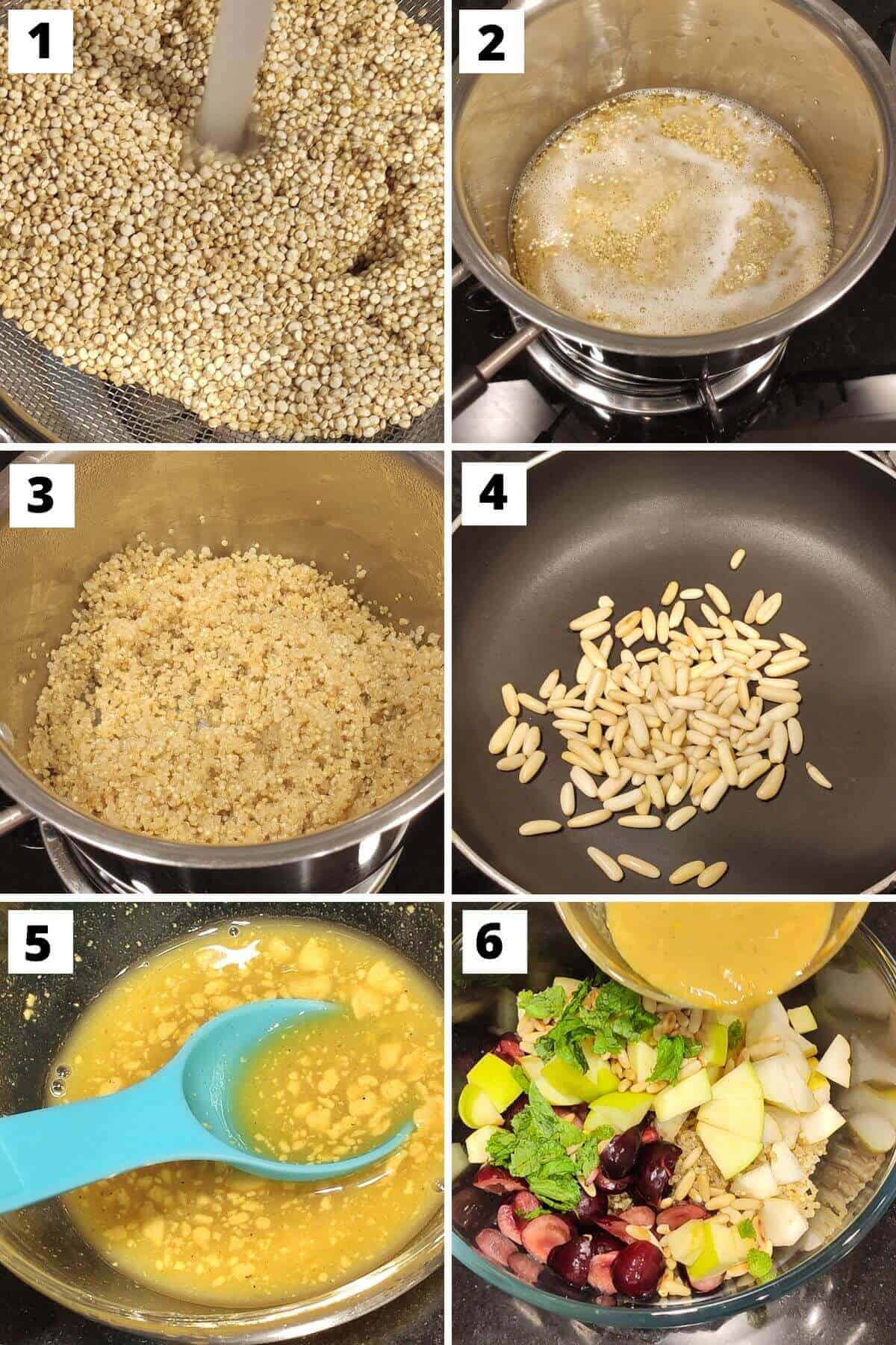 Collage of six images of steps of quinoa fruit salad recipe.
