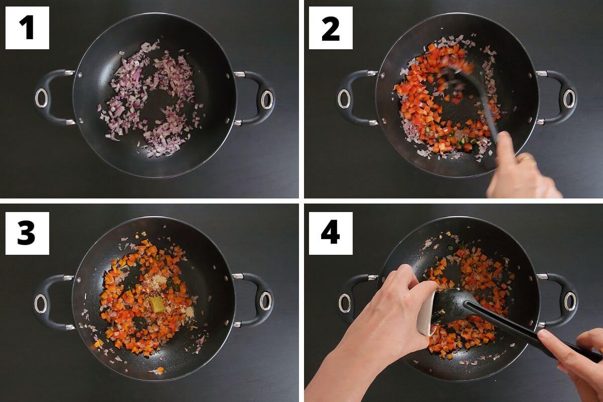 Collage of images of steps 1 to 4 of Mexican corn and beans rice.