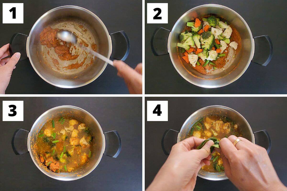 Collage of images of steps 1 to 4 of Thai curry noodle soup.