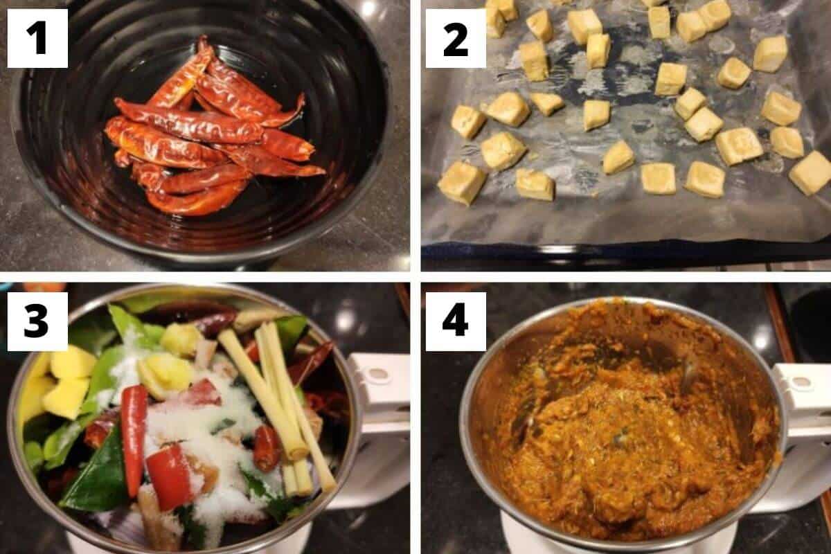 Collage of 4 photos showing step by step process of making Thai curry noodles