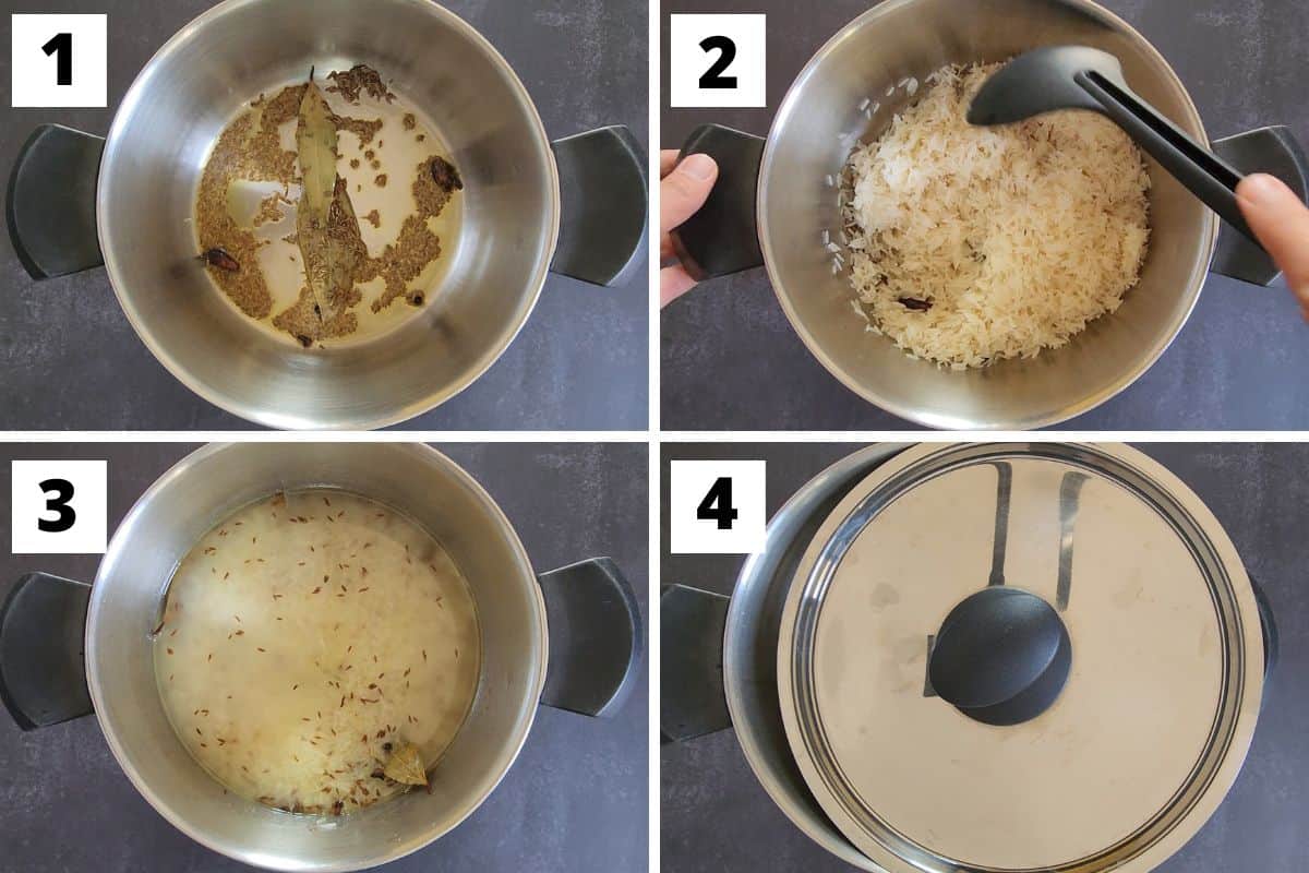 Collage of images of steps 1 to 4 of jeera rice recipe.