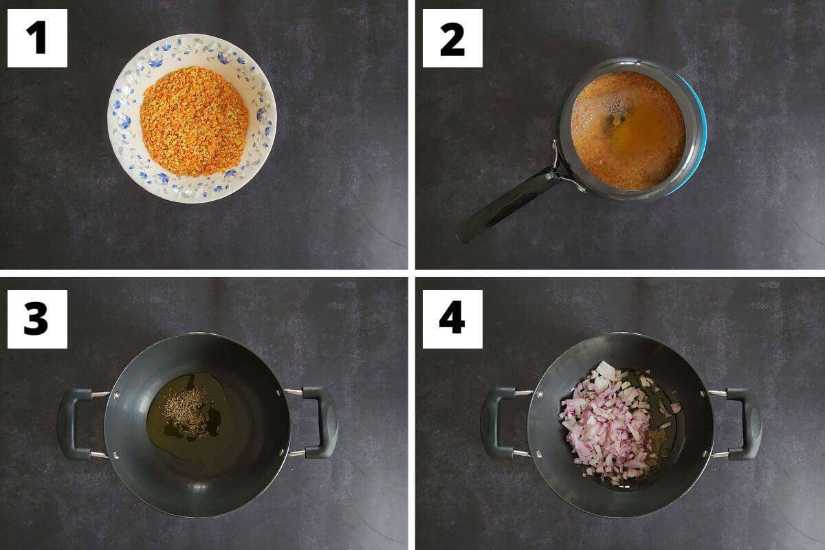 collage of images of steps 1 to 4 of moong masoor dal recipe.