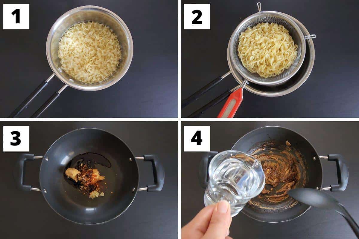 Collage of images of steps 1 to 4 of lazy ramen noodles with peanut sauce recipe.