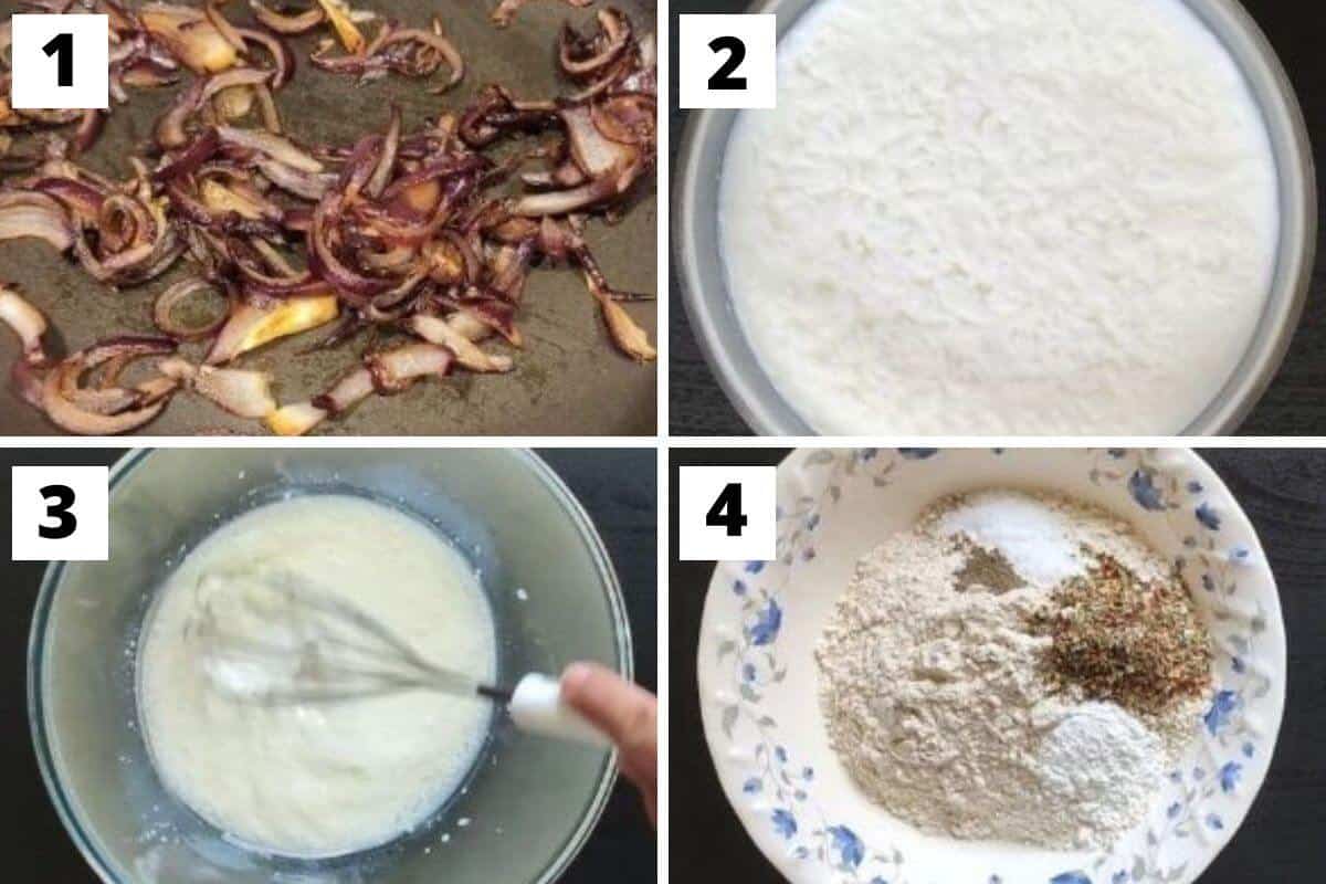 Collage of 4 photos showing the step by step process of making vegan savoury muffins.