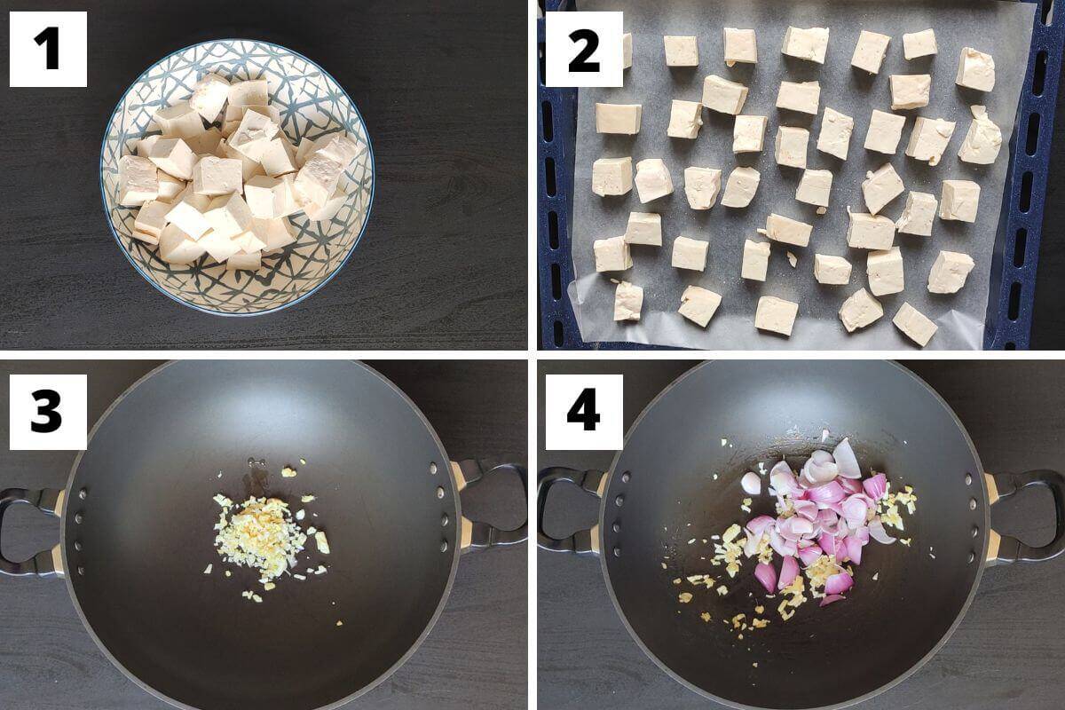 Collage of images of steps 1 to 4 of sweet and sour tofu recipe.