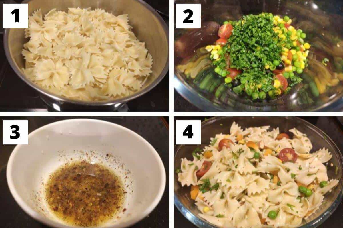 Collage of images of steps 1 to 4 of vegan pasta salad recipe.